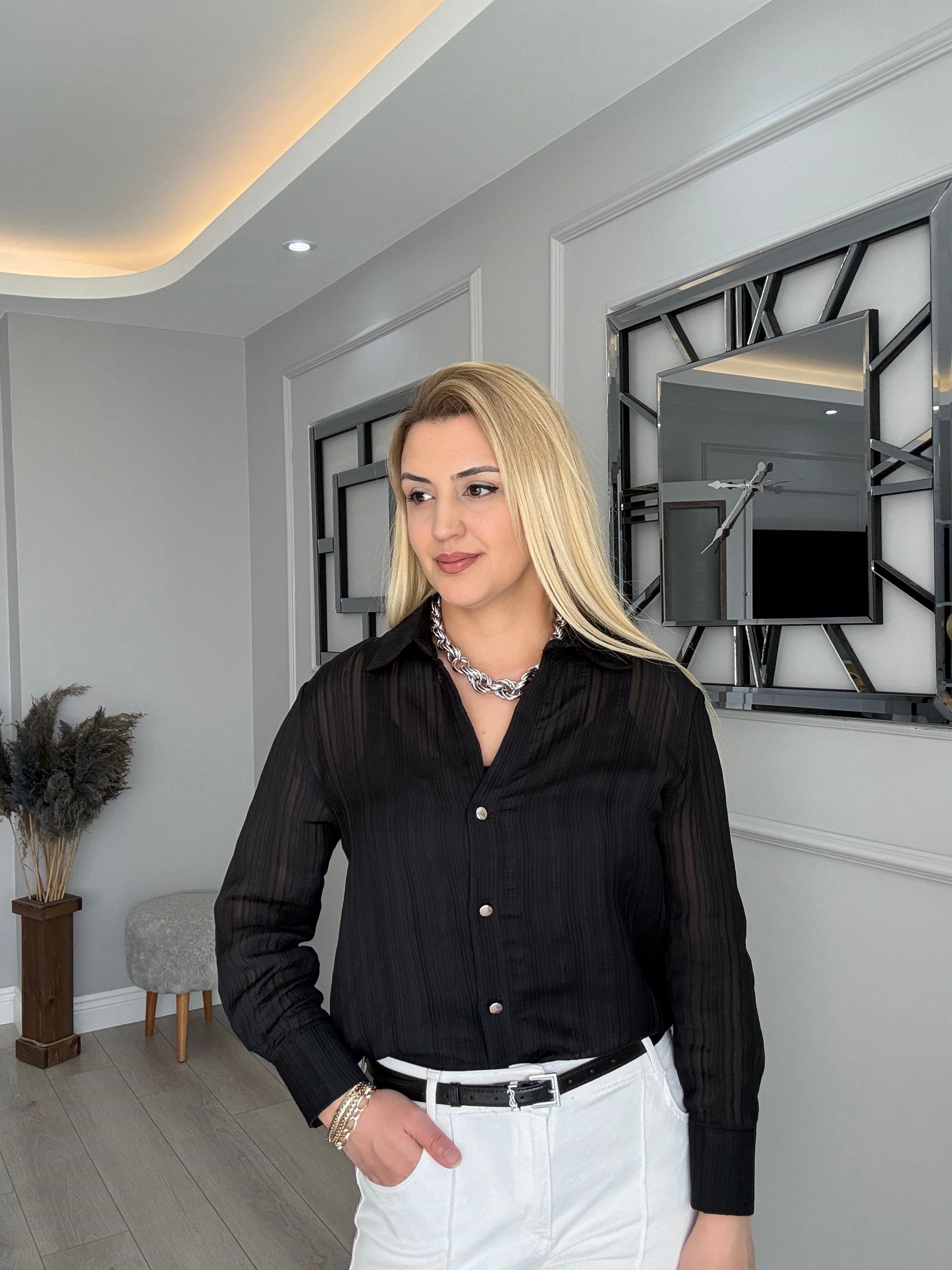 PARLAK DÜĞME DETAYLI ŞİFON GÖMLEK SİYAH
