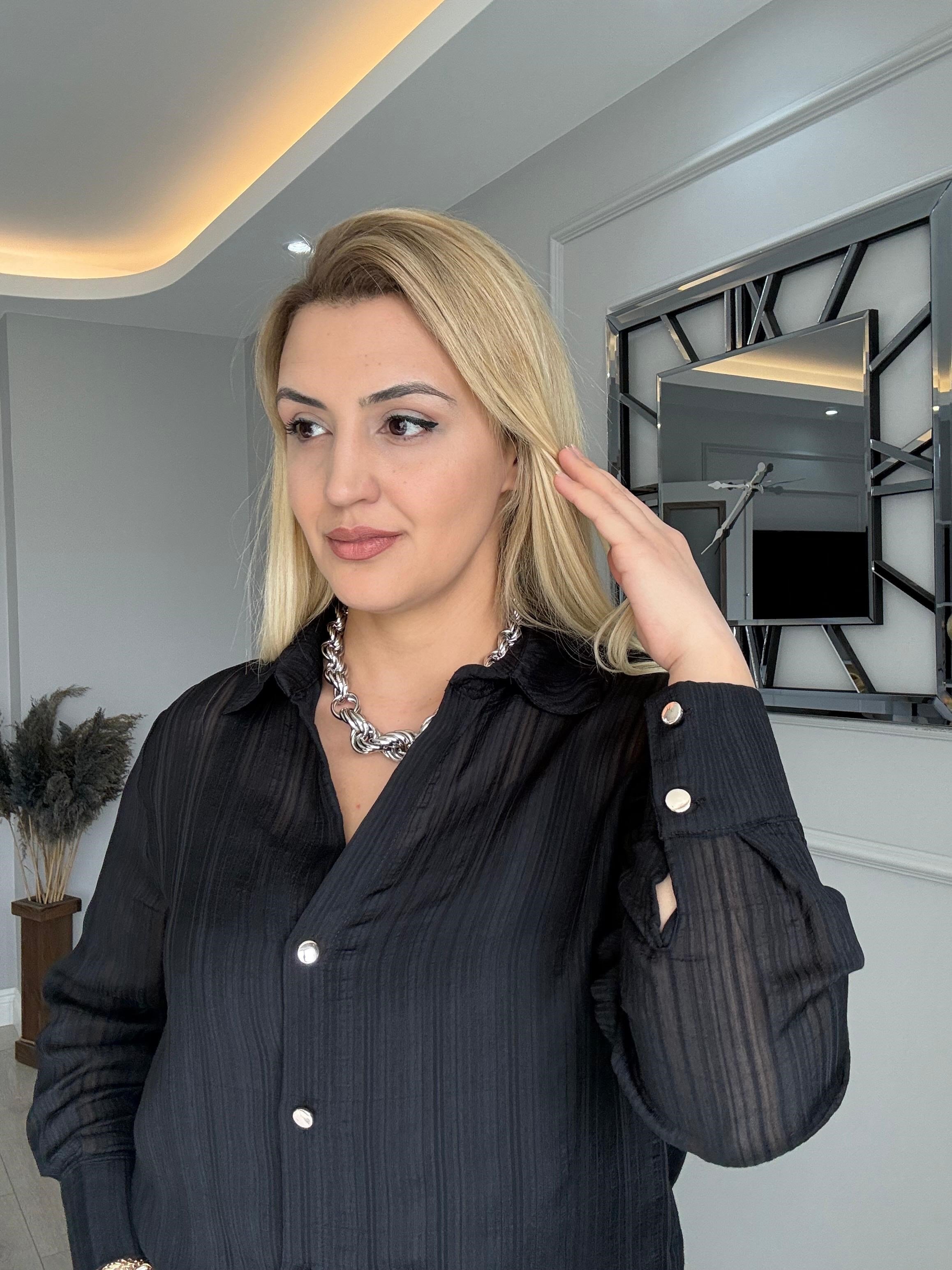 PARLAK DÜĞME DETAYLI ŞİFON GÖMLEK SİYAH