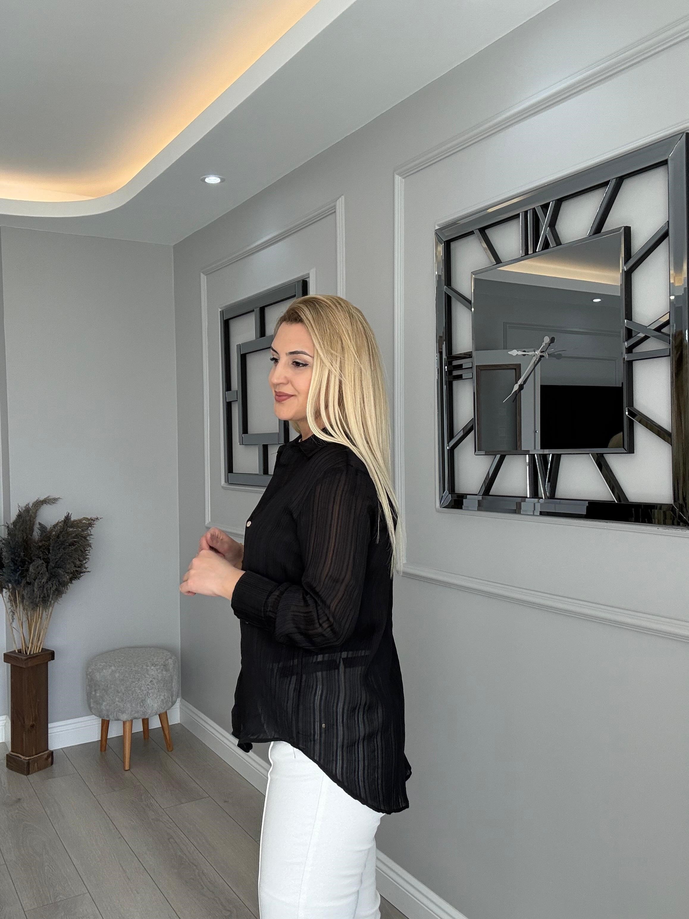 PARLAK DÜĞME DETAYLI ŞİFON GÖMLEK SİYAH