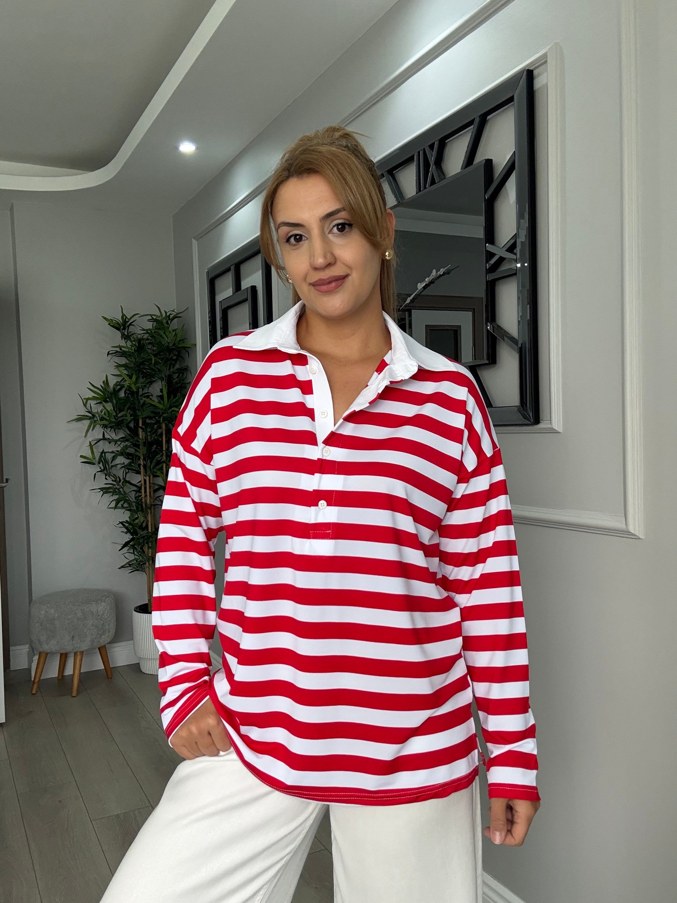 Polo yaka kırmızı beyaz çizgili bluz