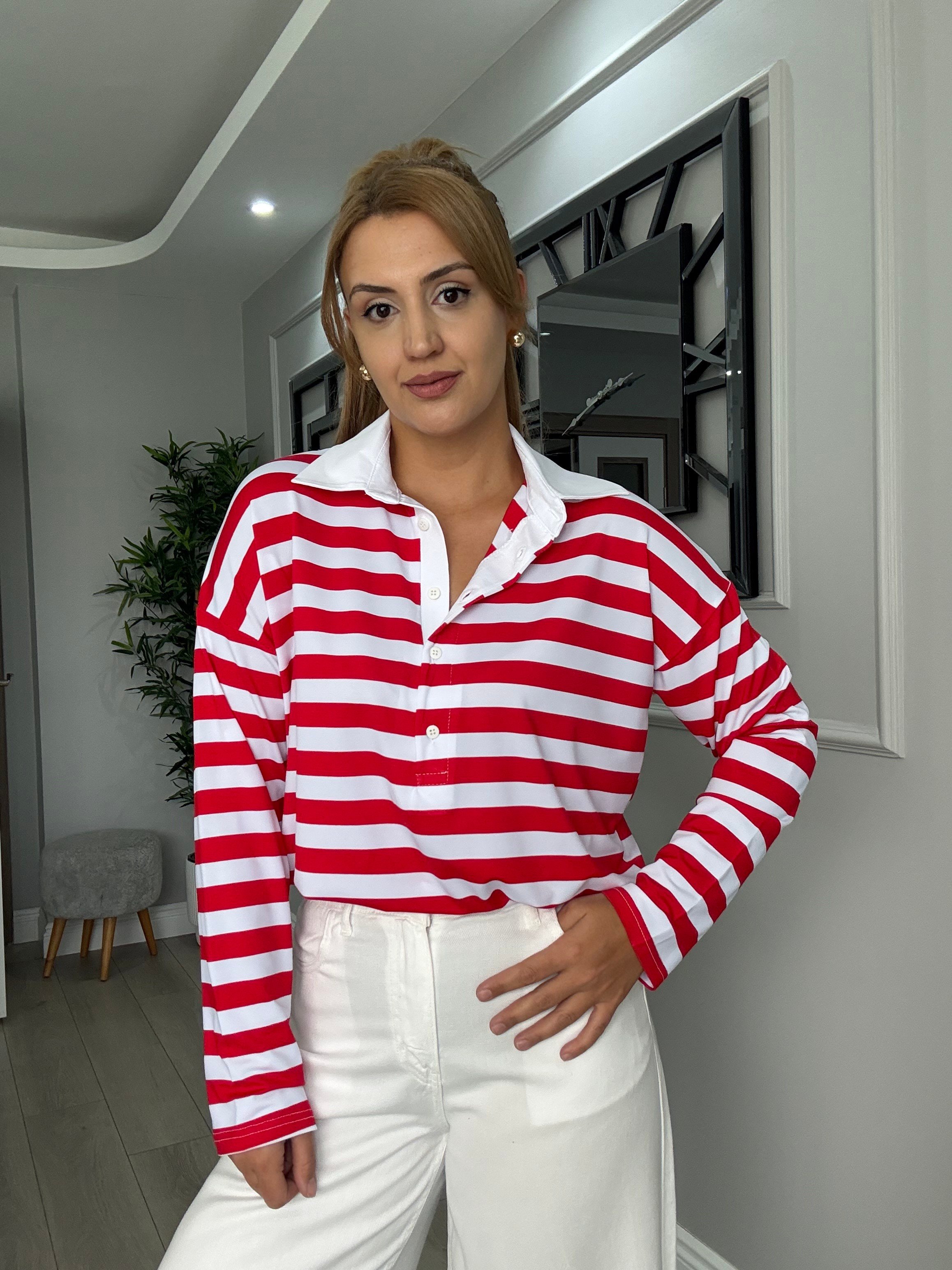 Polo yaka kırmızı beyaz çizgili bluz