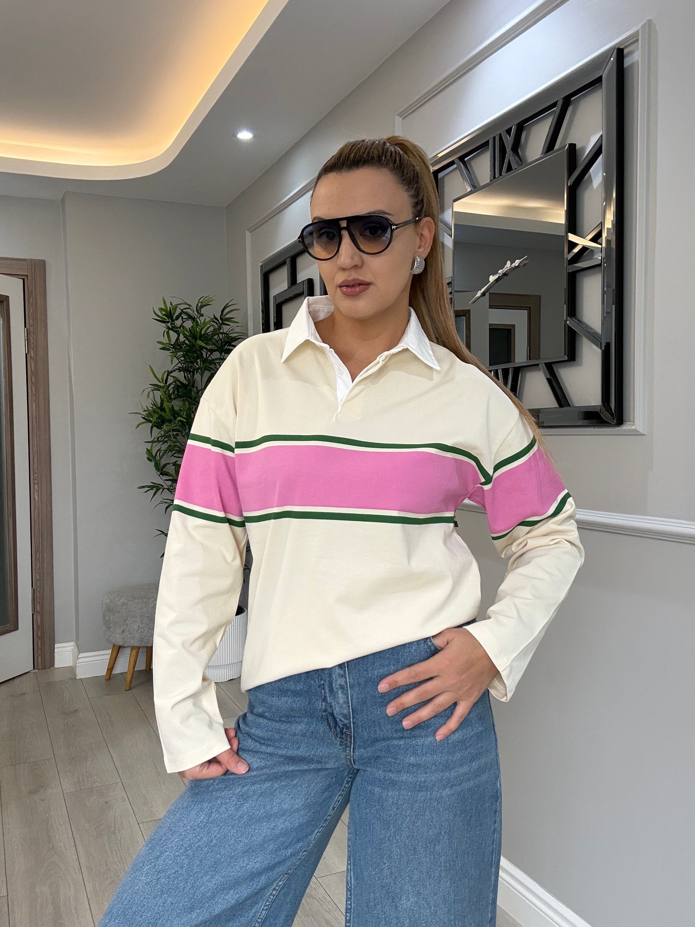 Polo yaka pembe yeşil çizgili bluz