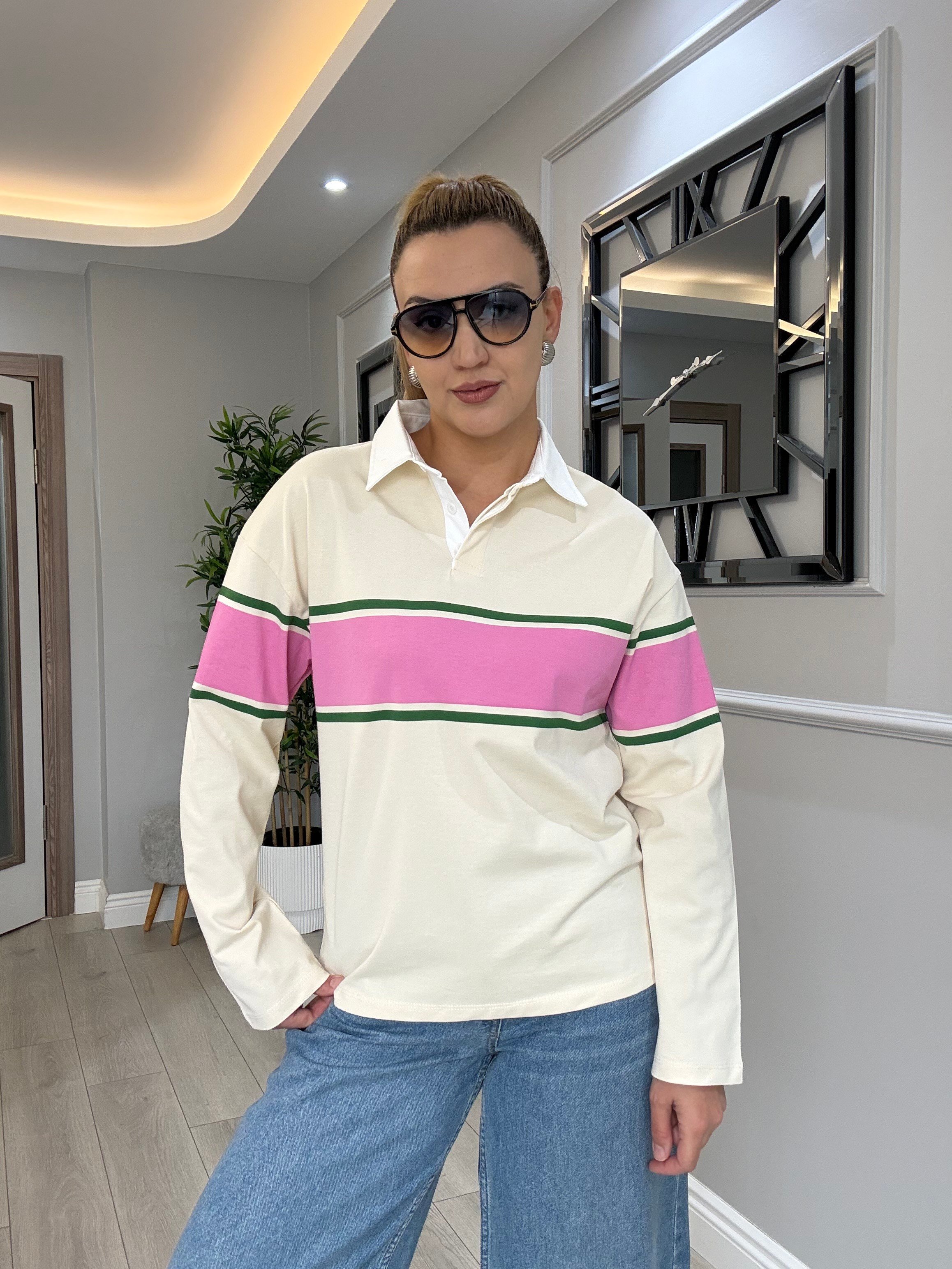 Polo yaka pembe yeşil çizgili bluz