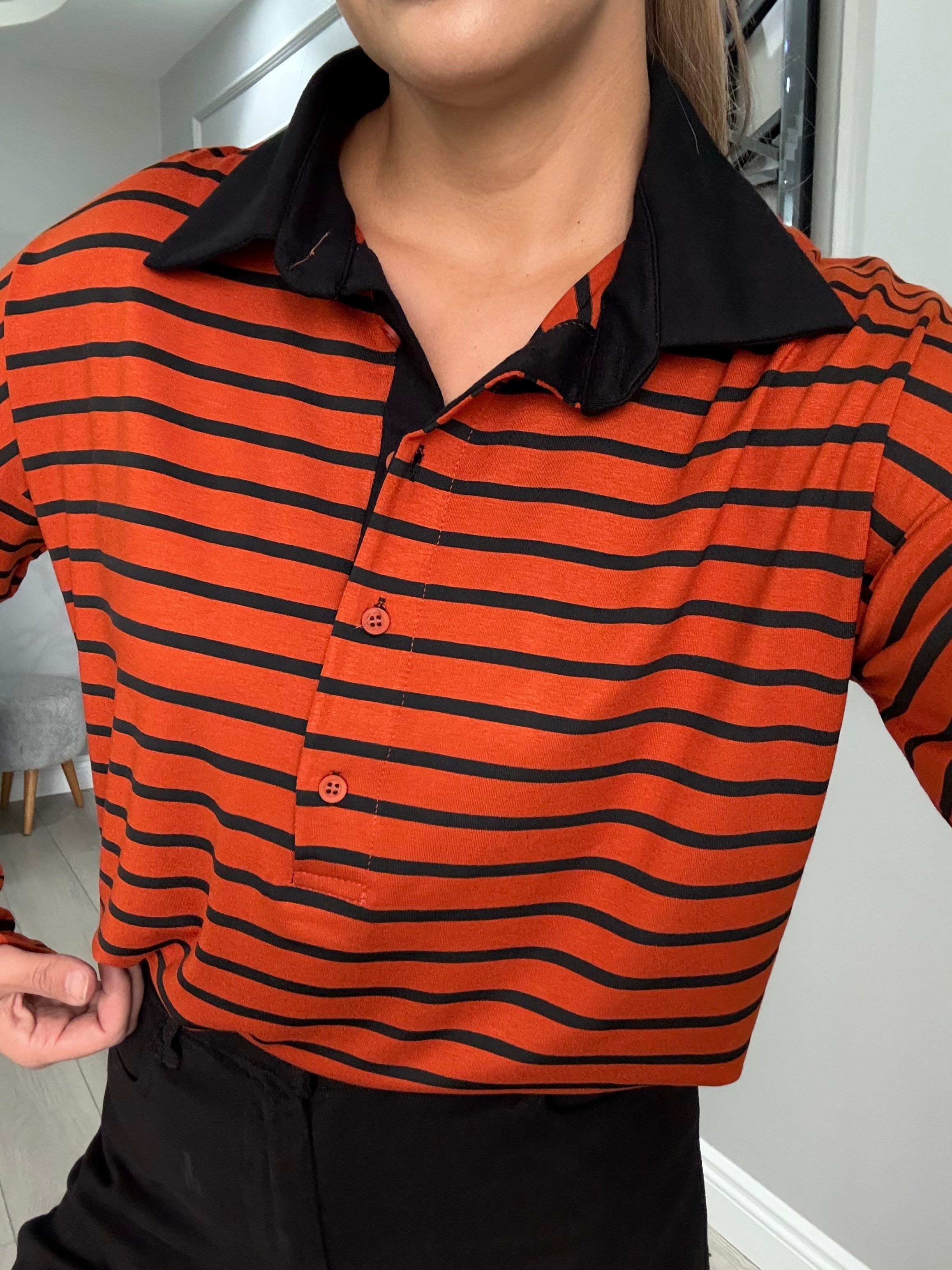 Polo yaka turuncu siyah çizgili bluz 