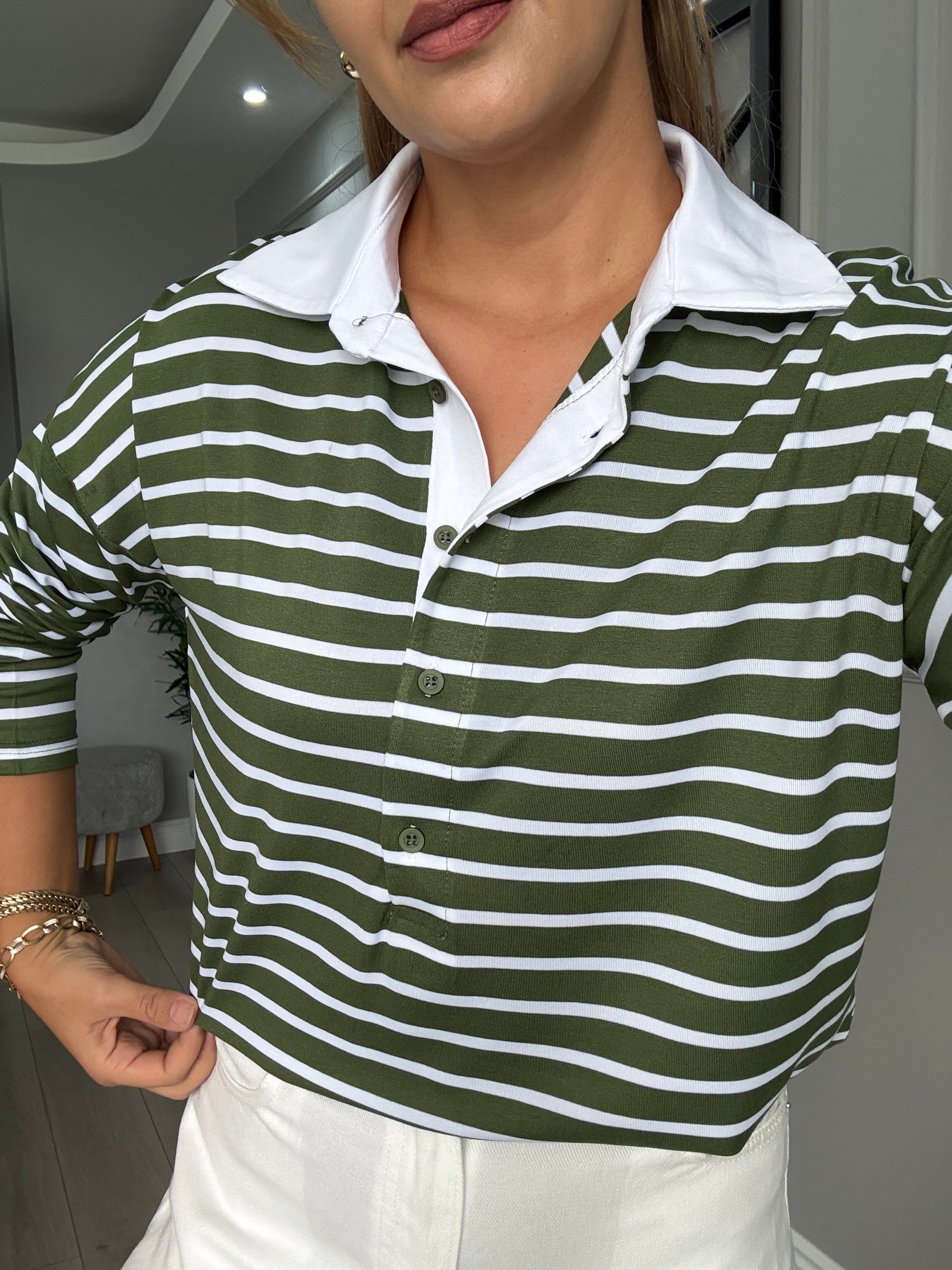 Polo yaka yeşil beyaz çizgili bluz