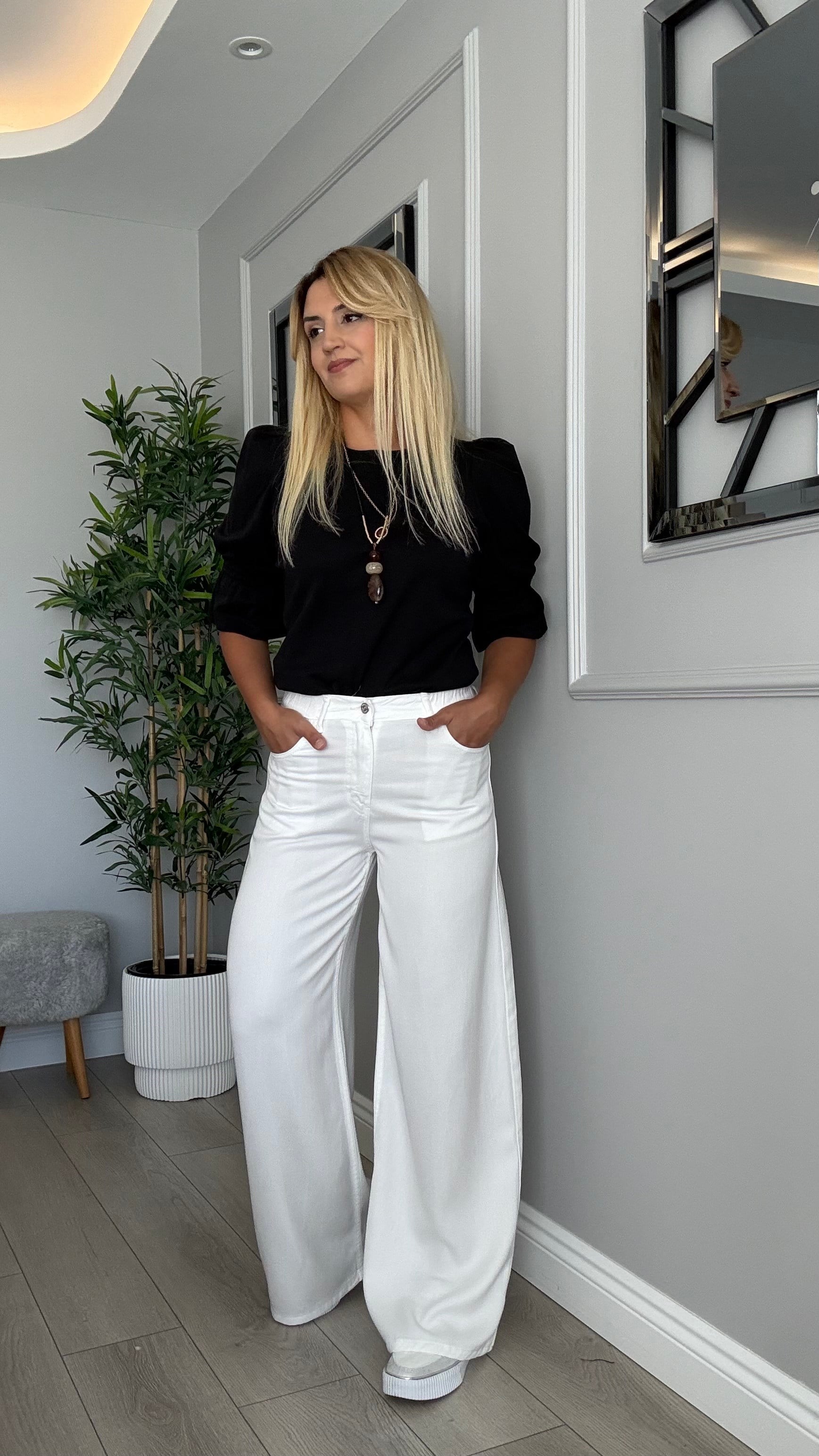 Premium kalite beli lastikli tensel jean beyaz