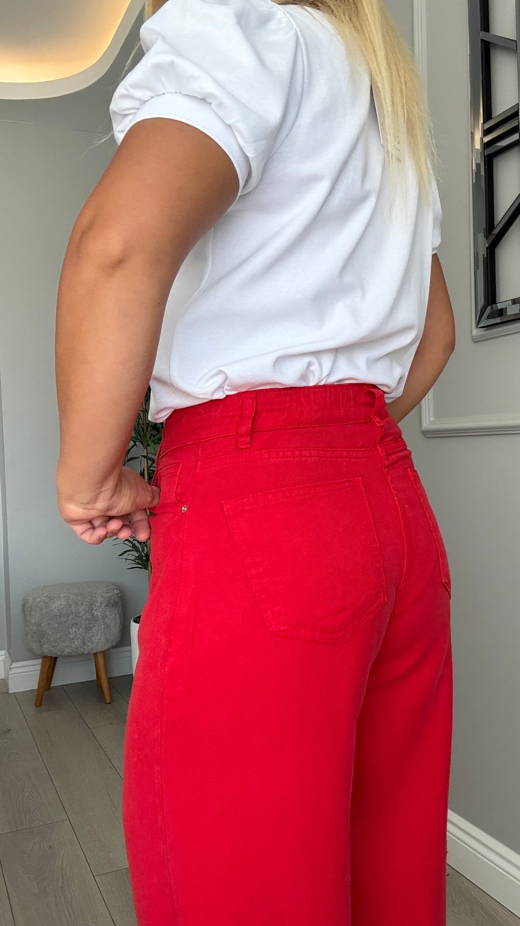 Premium kalite beli lastikli tensel jean kırmızı