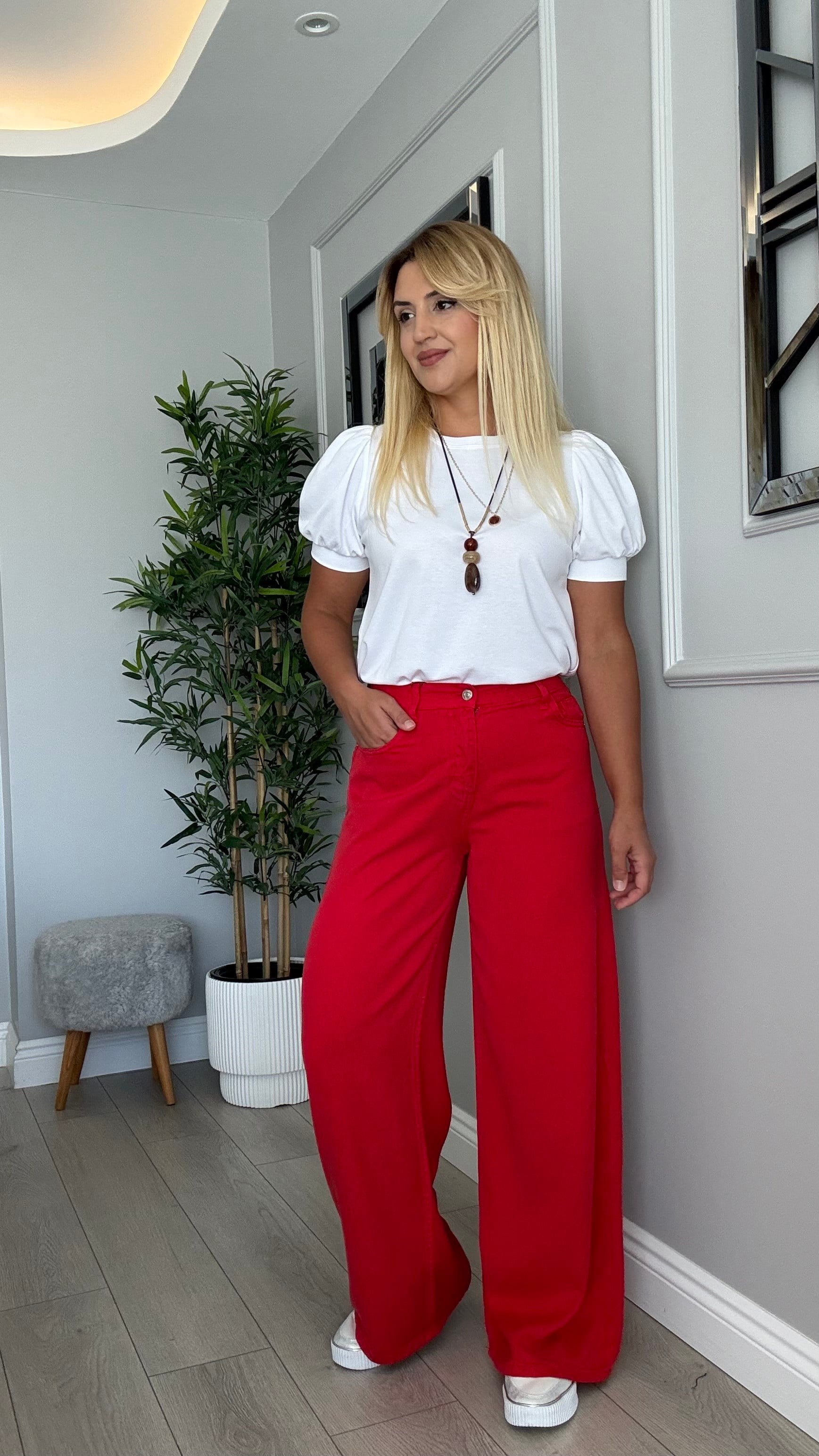 Premium kalite beli lastikli tensel jean kırmızı