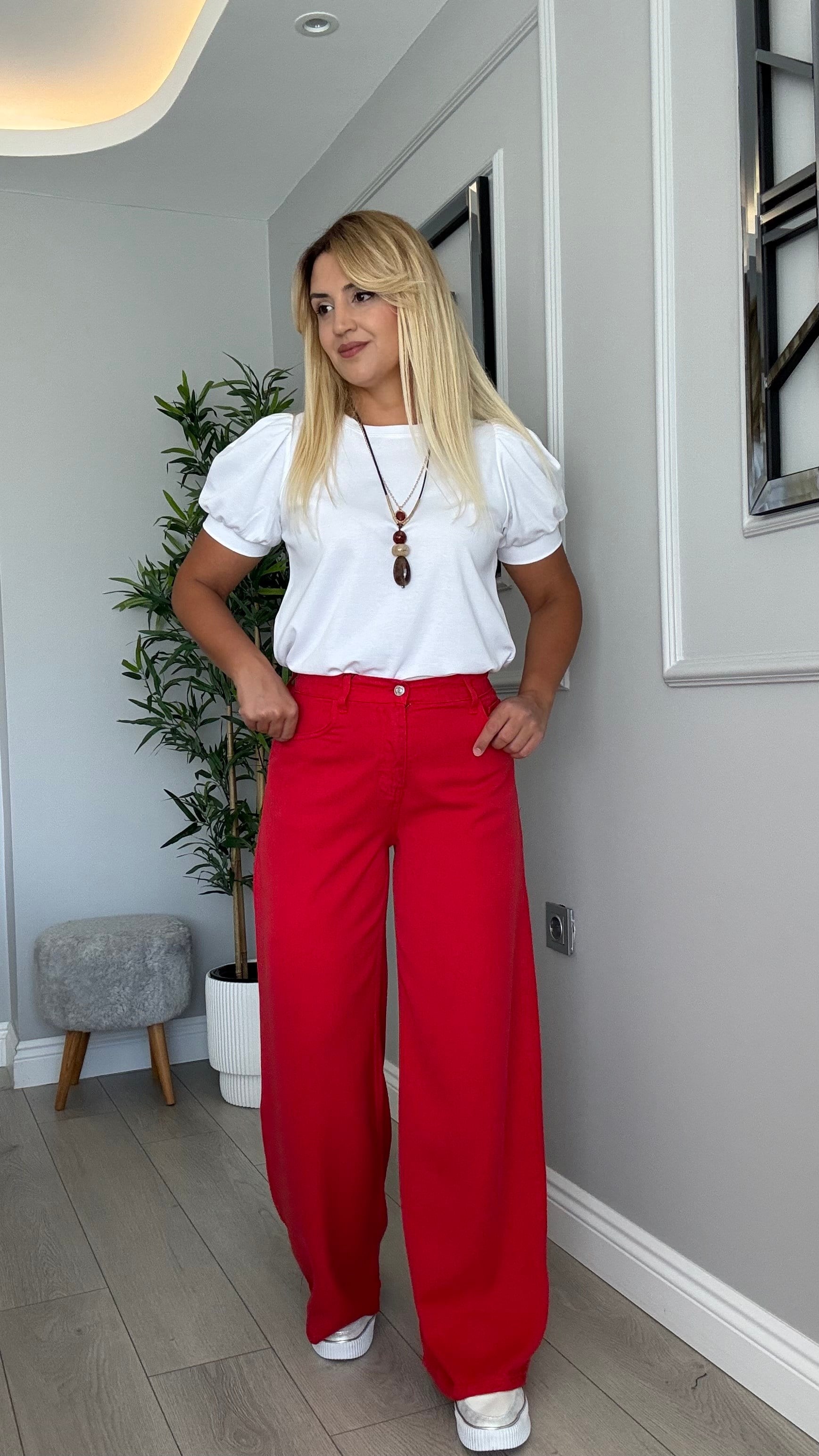 Premium kalite beli lastikli tensel jean kırmızı