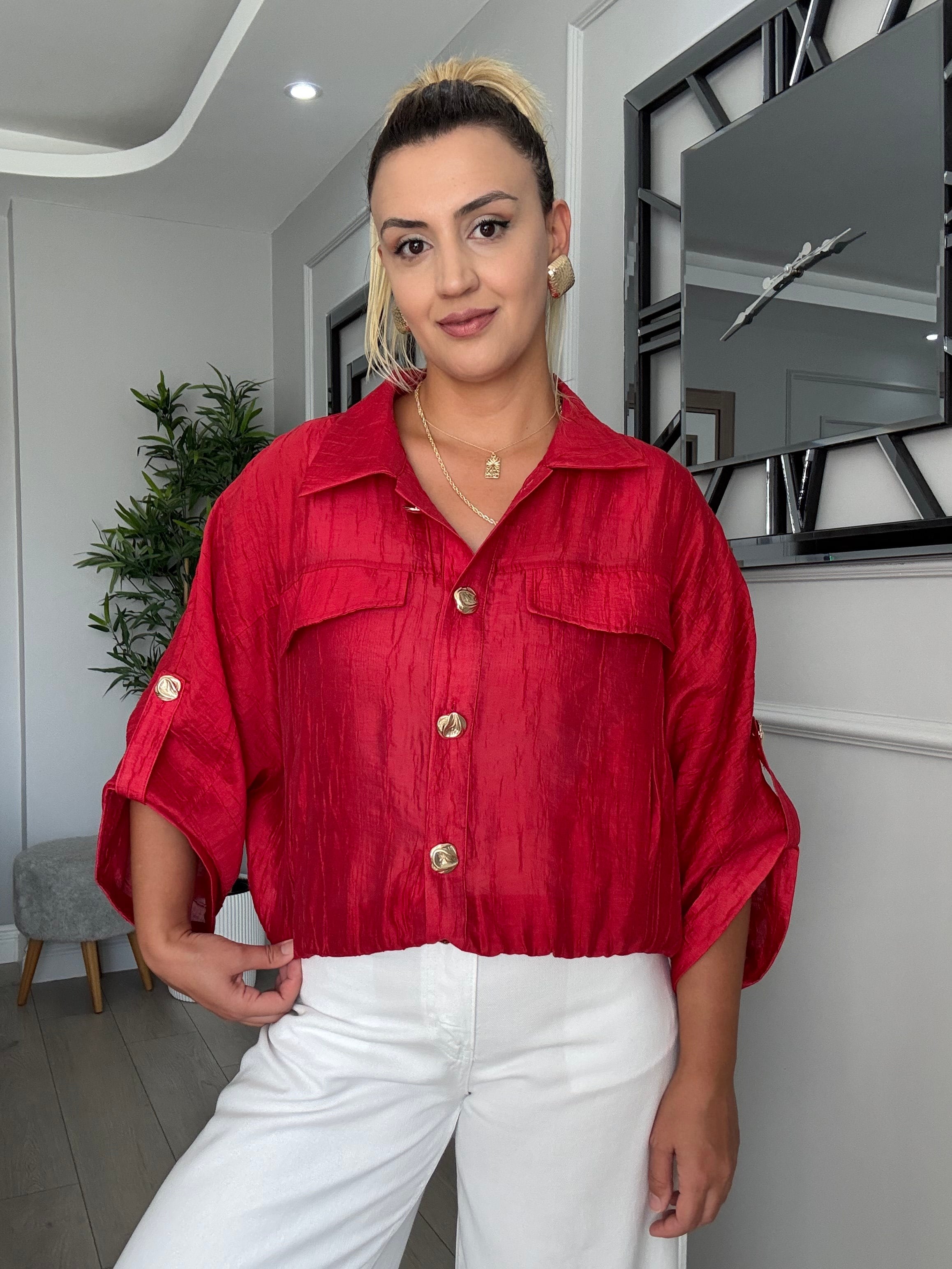 Premium kalite gold düğmeli bomber ceket - kırmızı