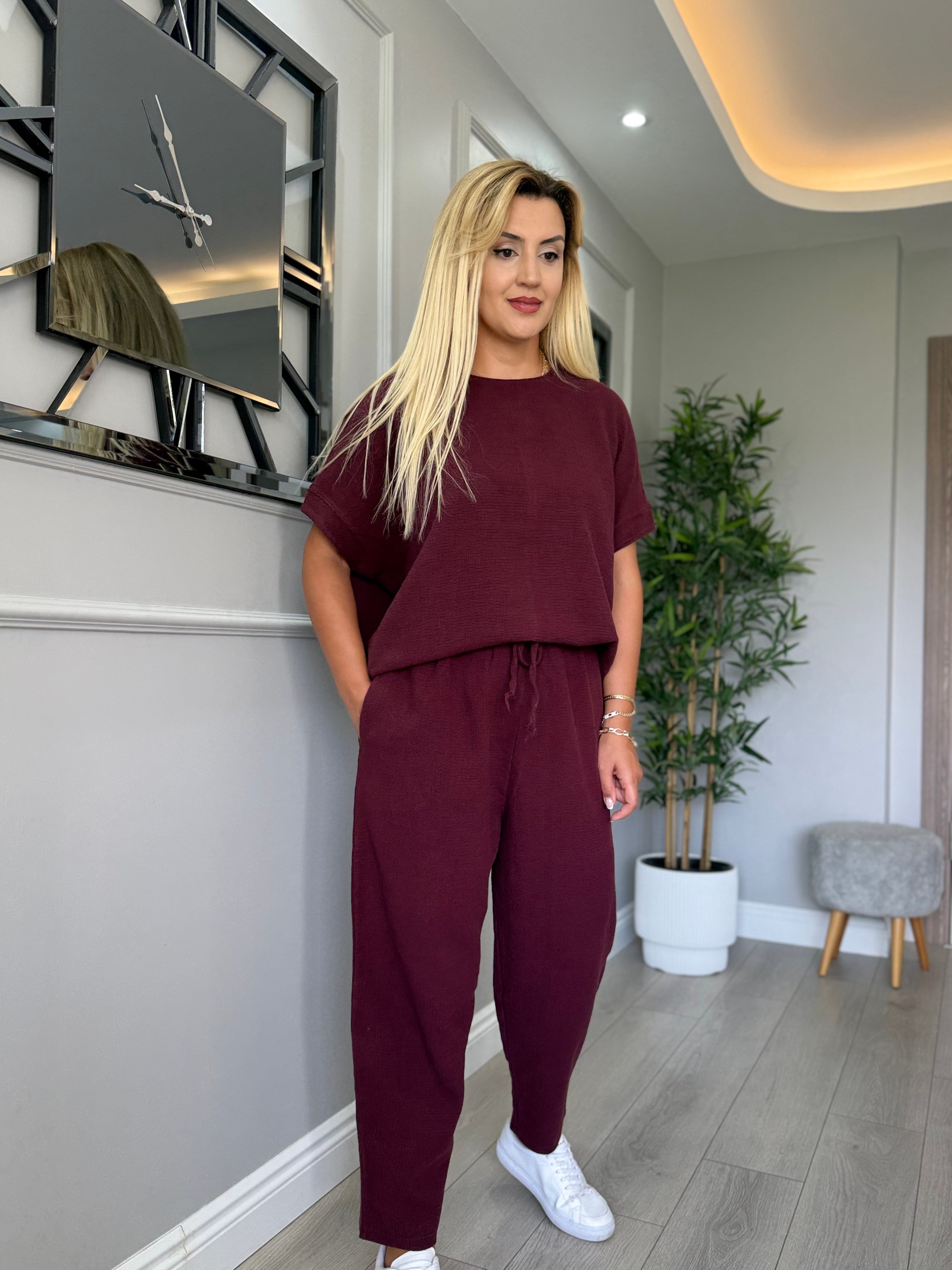 Premium kalite natural keten takım bordo