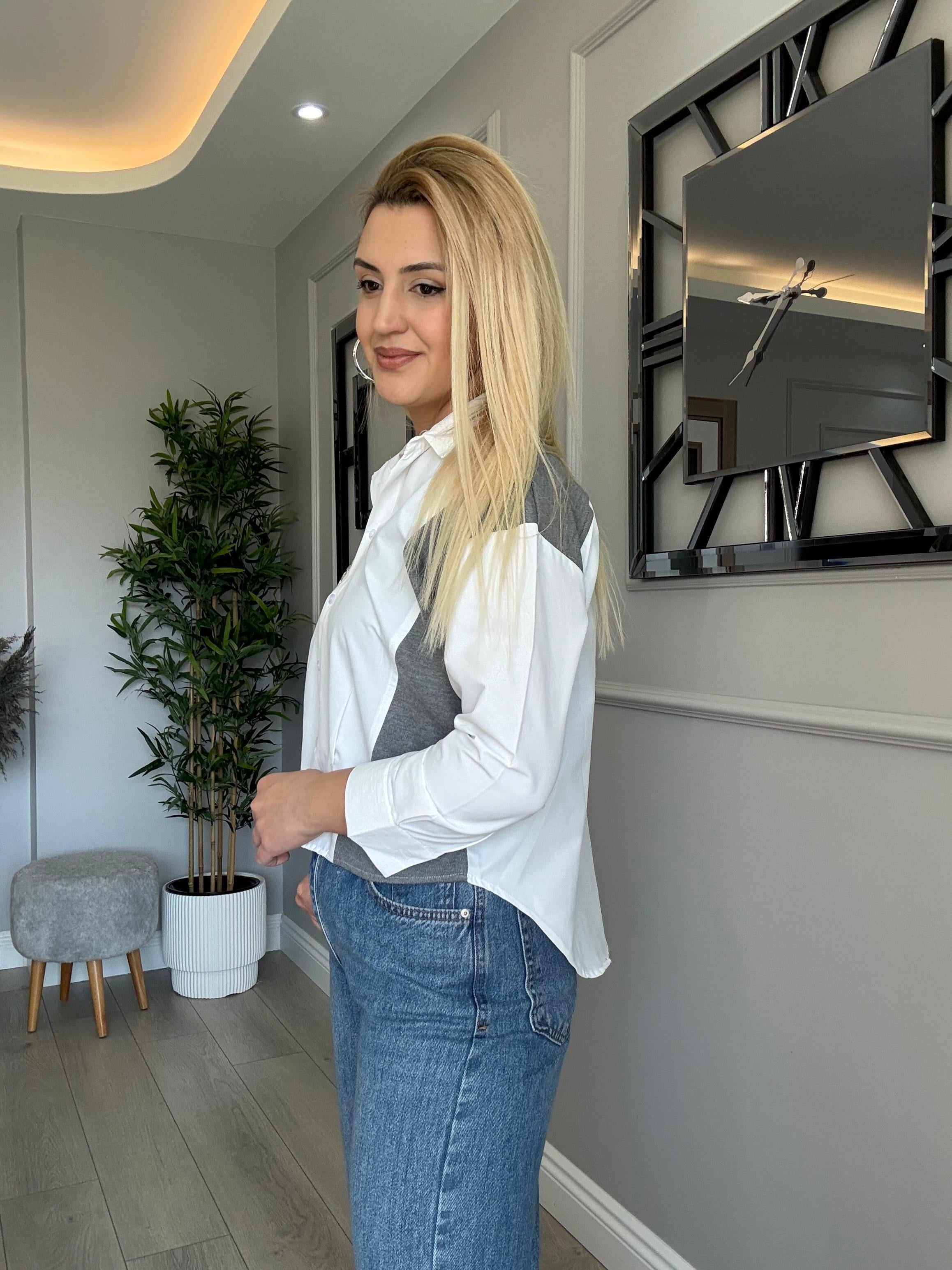 TAŞLI , KUMAŞ GEÇİŞLİ ŞIK GÖMLEK BEYAZ