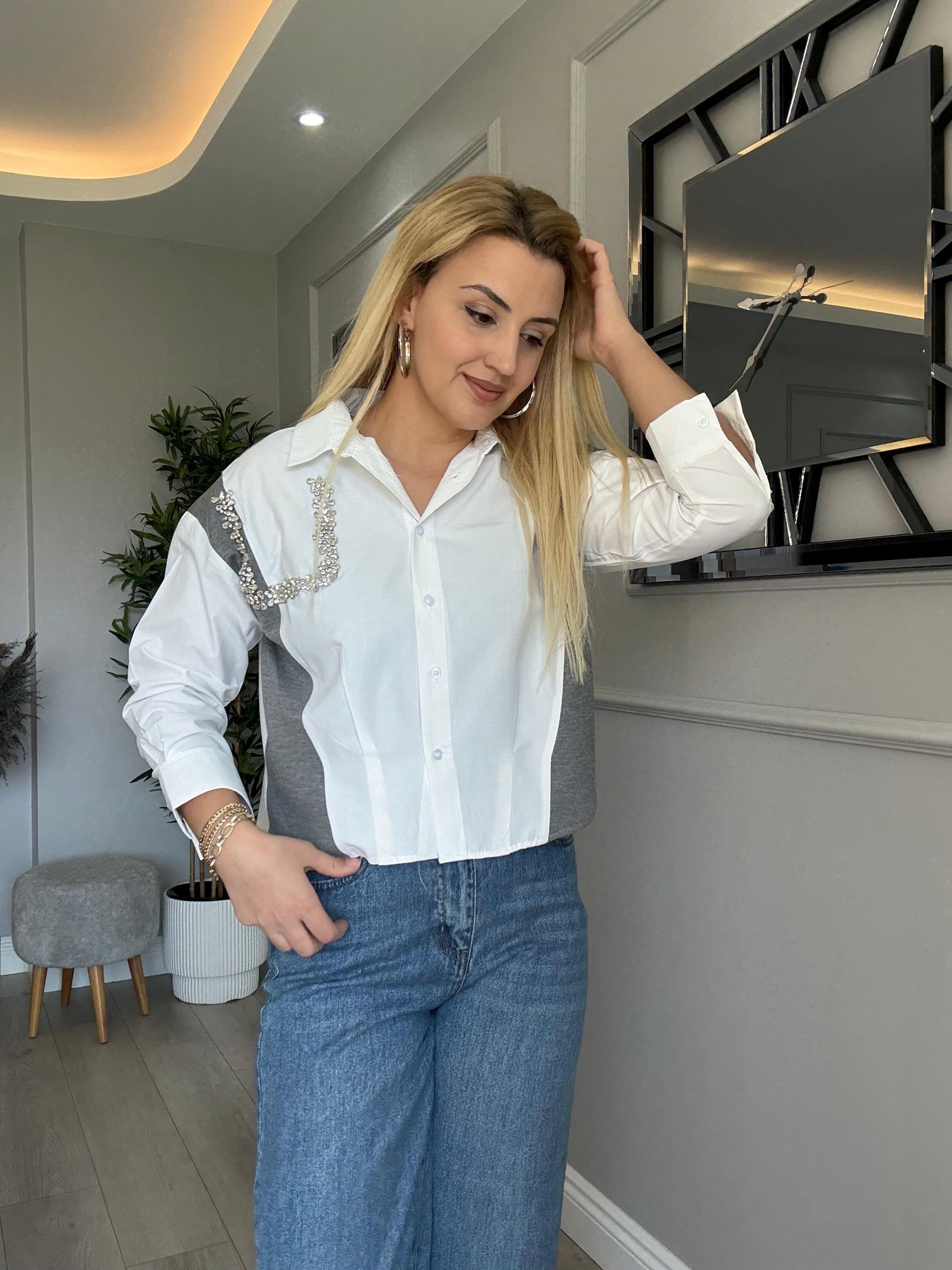 TAŞLI , KUMAŞ GEÇİŞLİ ŞIK GÖMLEK BEYAZ