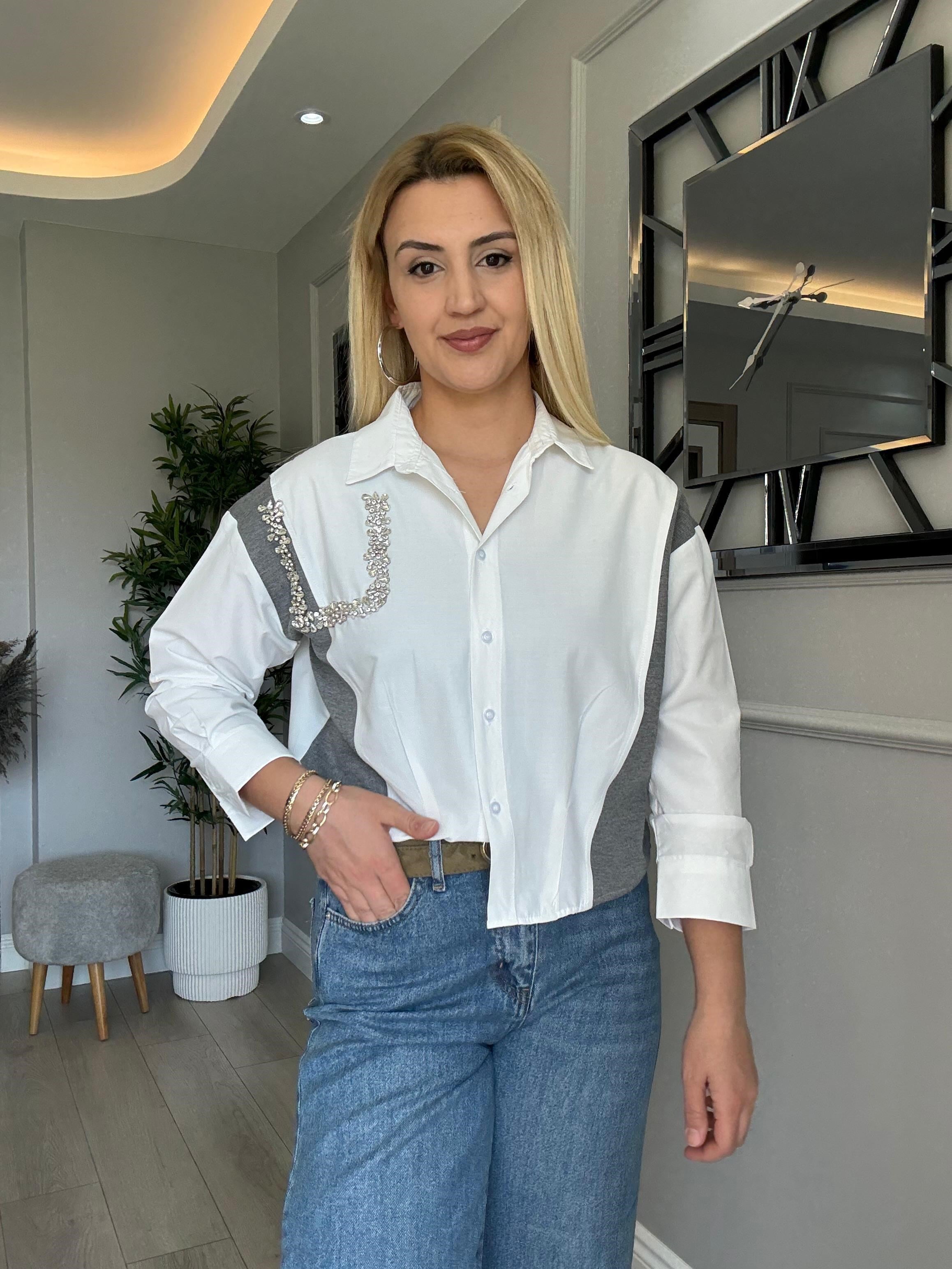 TAŞLI , KUMAŞ GEÇİŞLİ ŞIK GÖMLEK BEYAZ