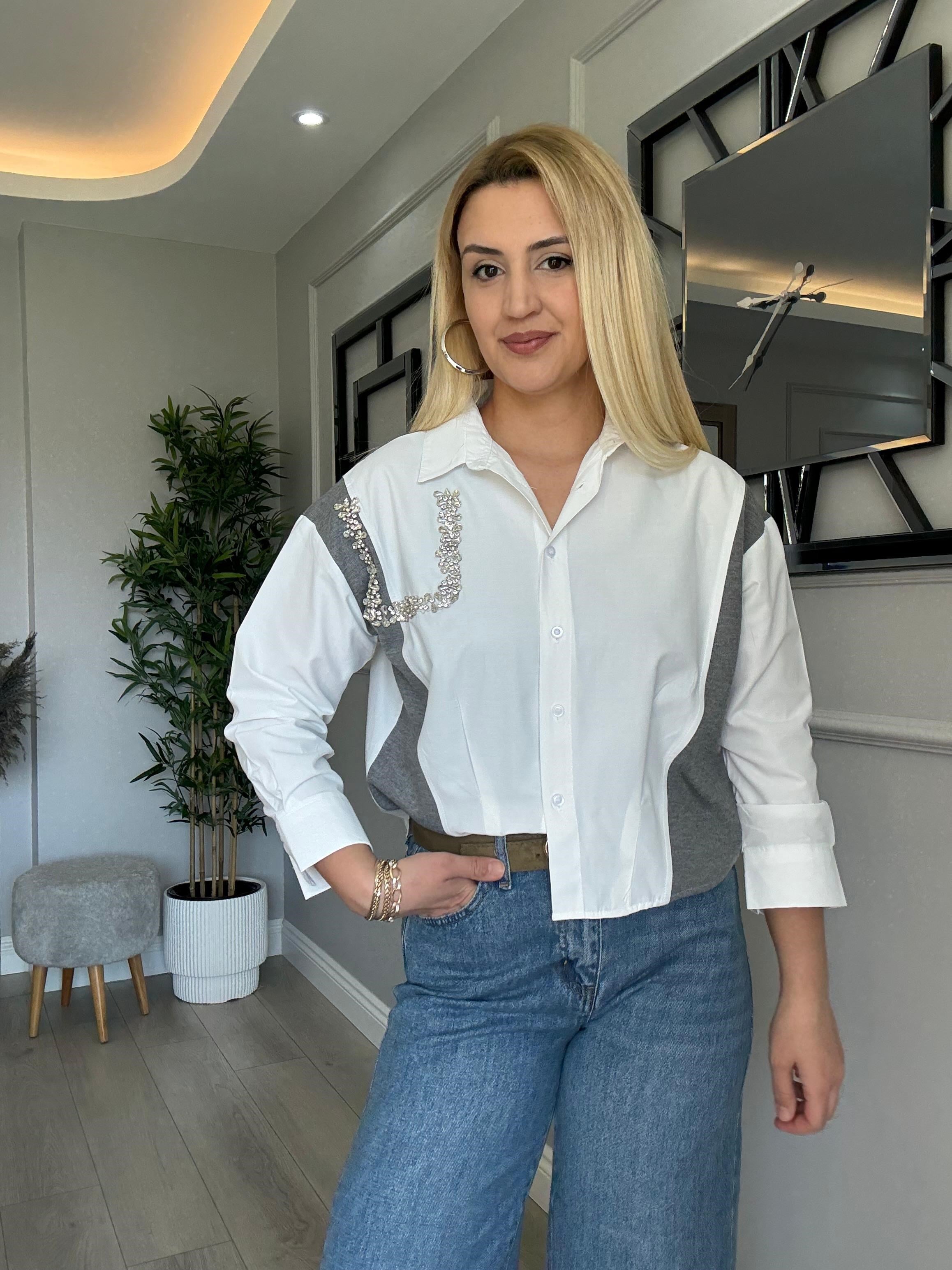 TAŞLI , KUMAŞ GEÇİŞLİ ŞIK GÖMLEK BEYAZ