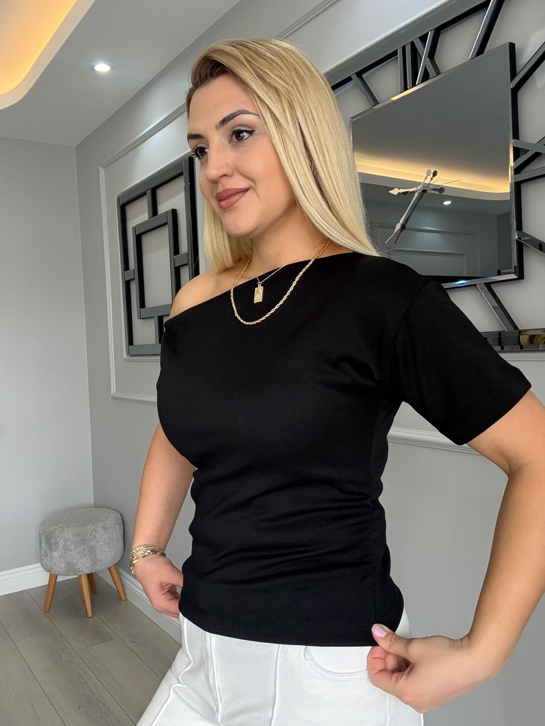 TEK OMUZ PENYE BLUZ SİYAH