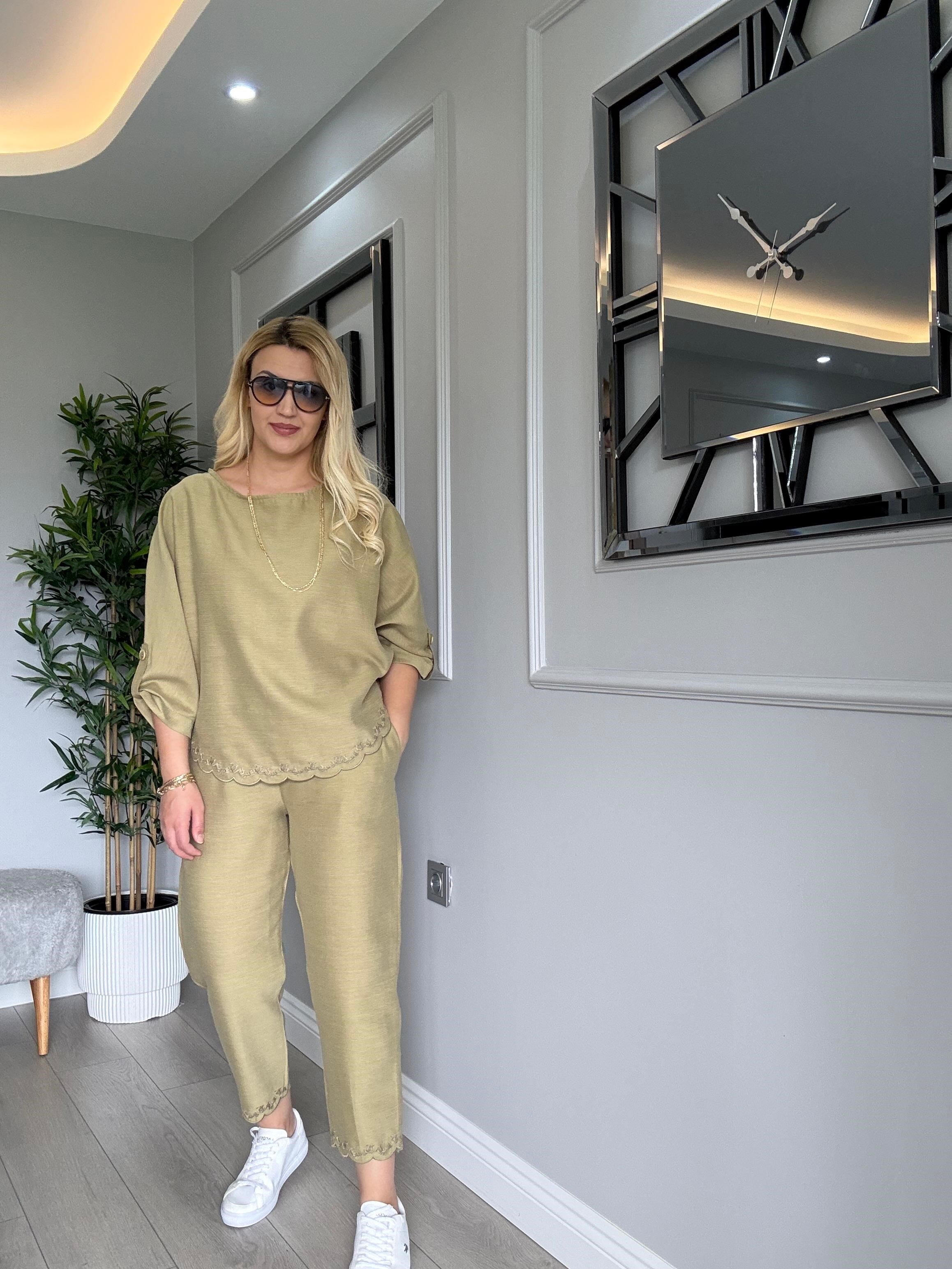 TİRİL TİRİL NATURAL KETEN NAKIŞLI TAKIM YAĞ YEŞİLİ