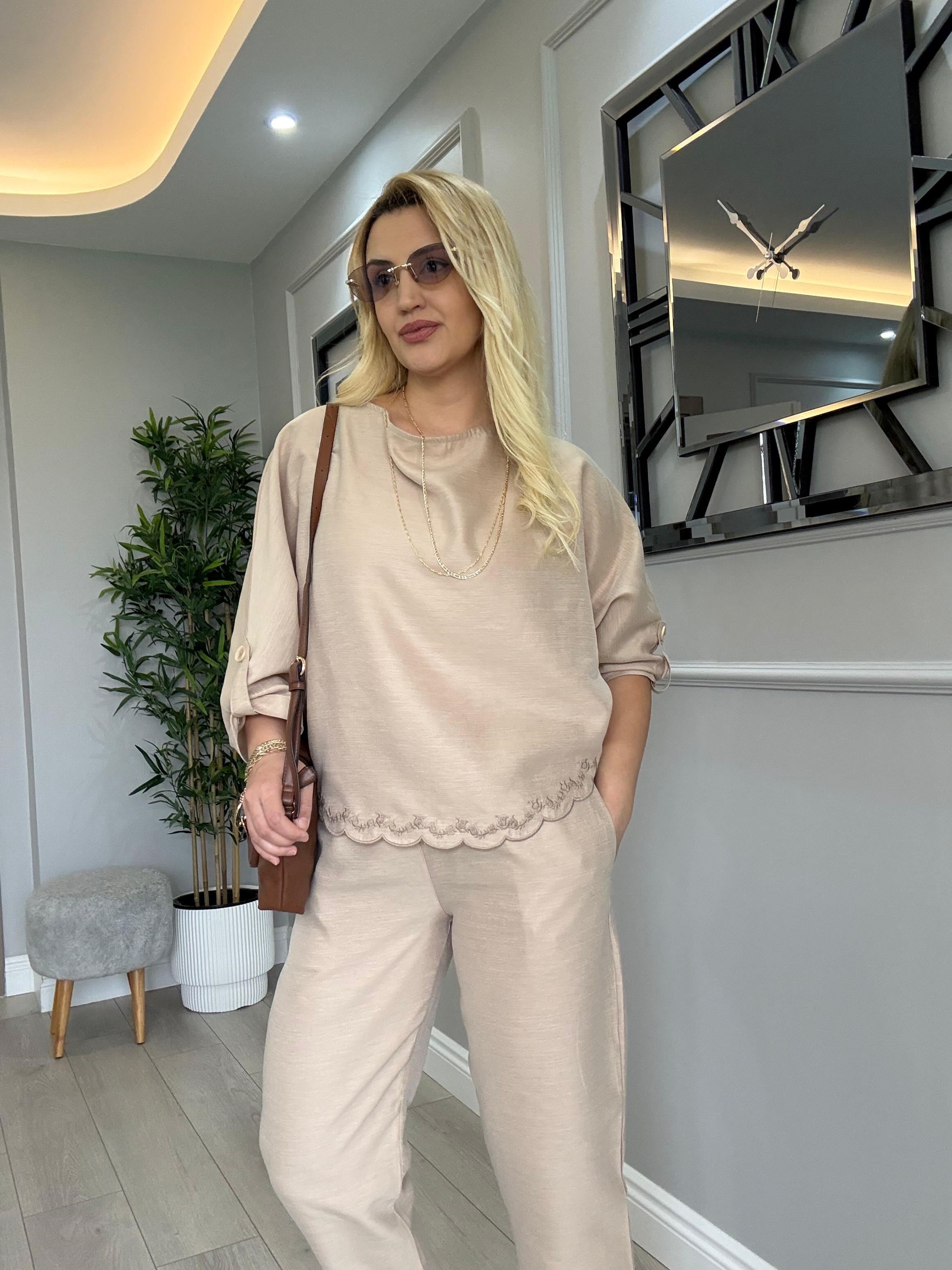 TİRİL TİRİL NATURAL KETEN NAKIŞLI TAKIM BEJ