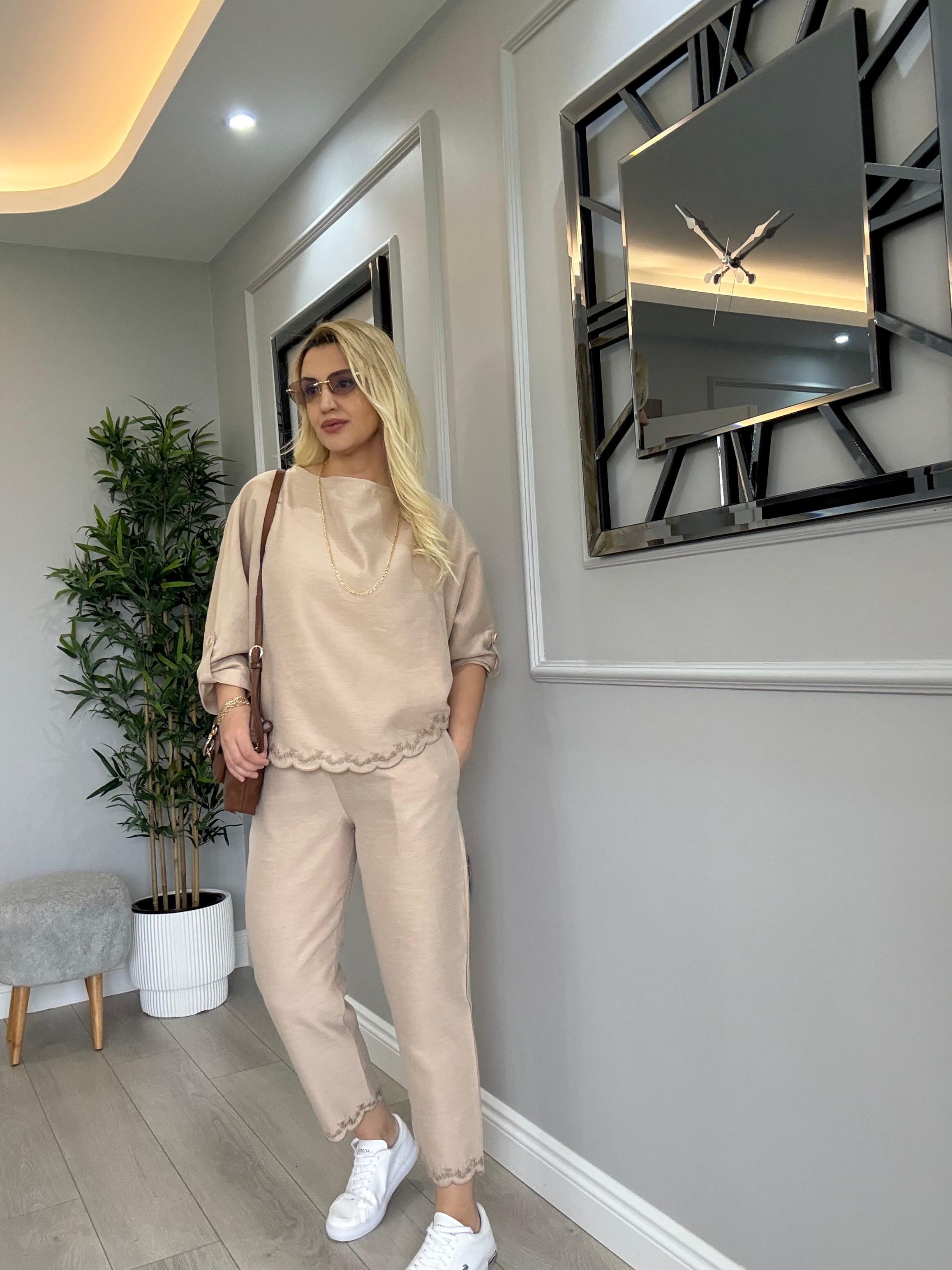 TİRİL TİRİL NATURAL KETEN NAKIŞLI TAKIM BEJ