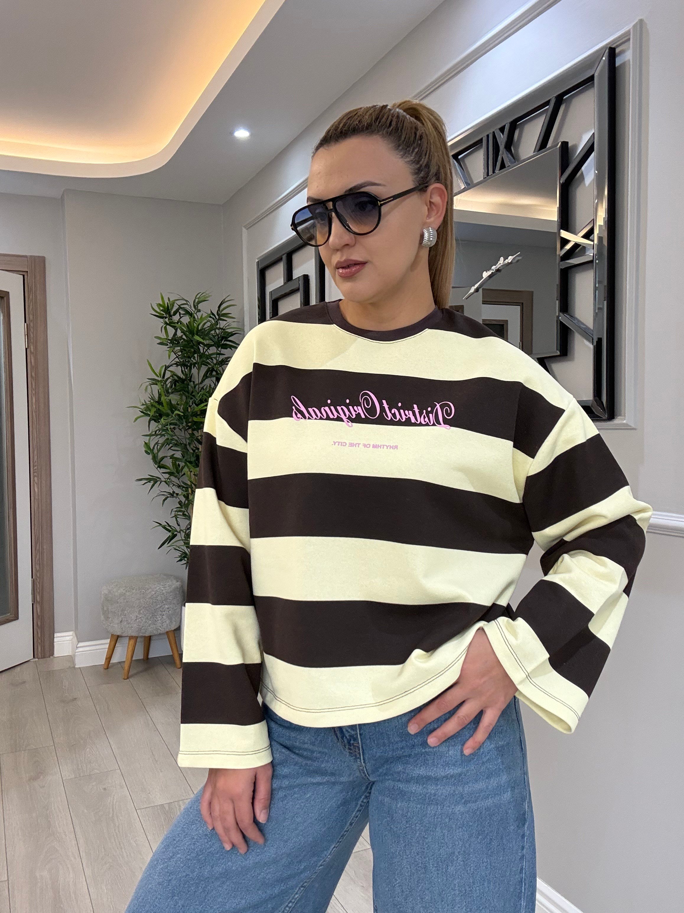 Viral, baskılı kahverengi sarı çizgili bluz