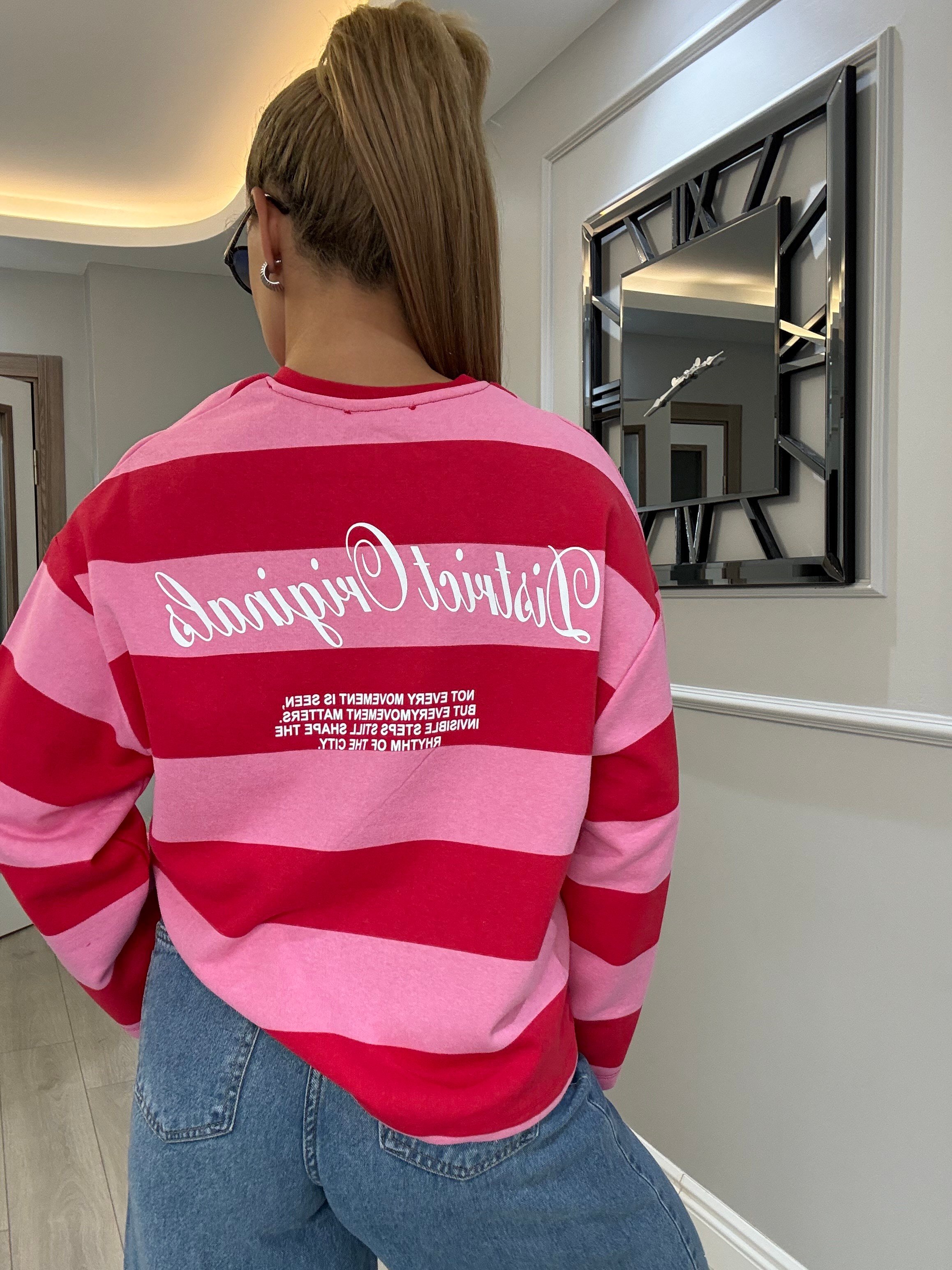 Viral , baskılı kırmızı pembe çizgili bluz