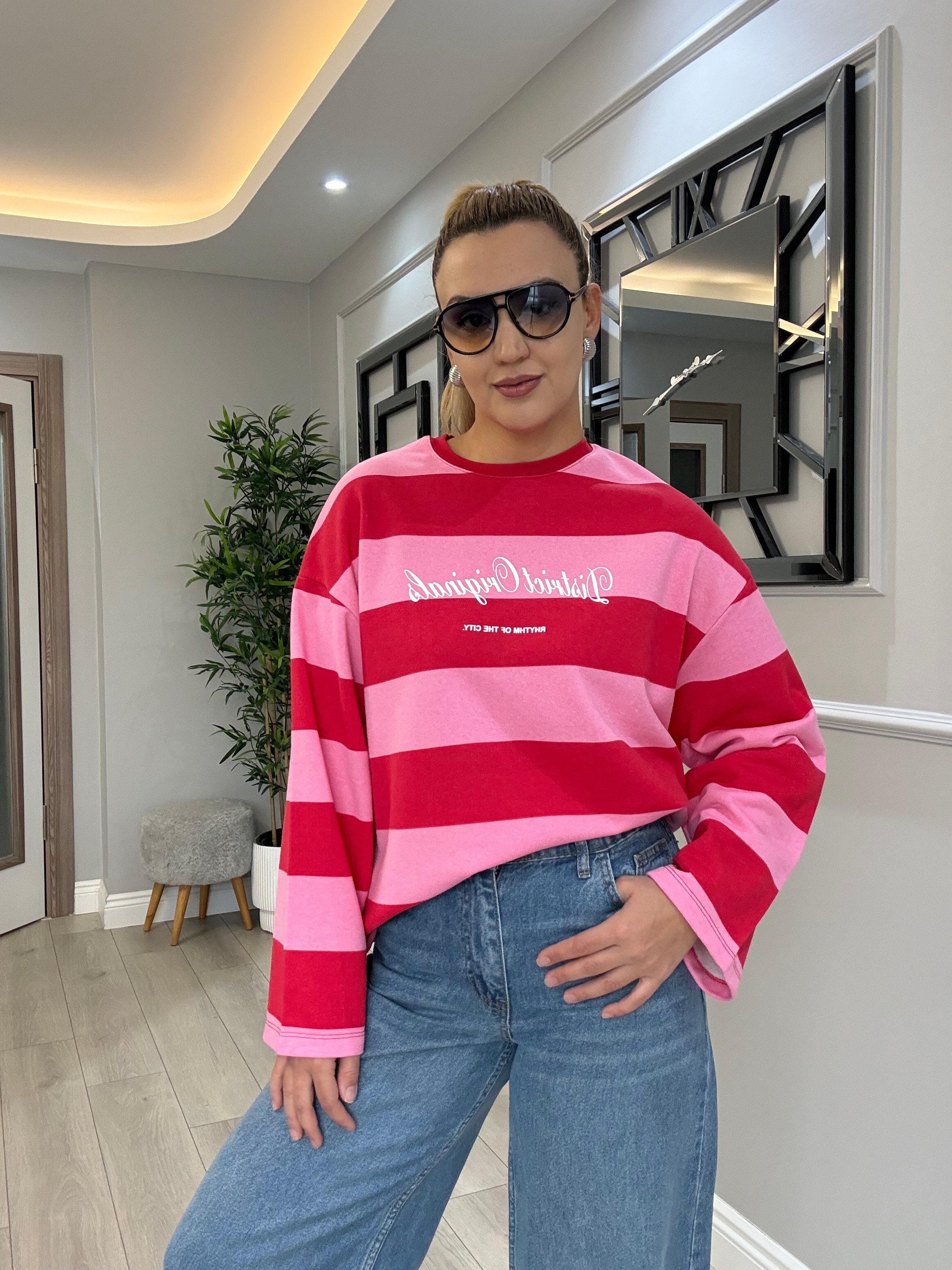 Viral , baskılı kırmızı pembe çizgili bluz
