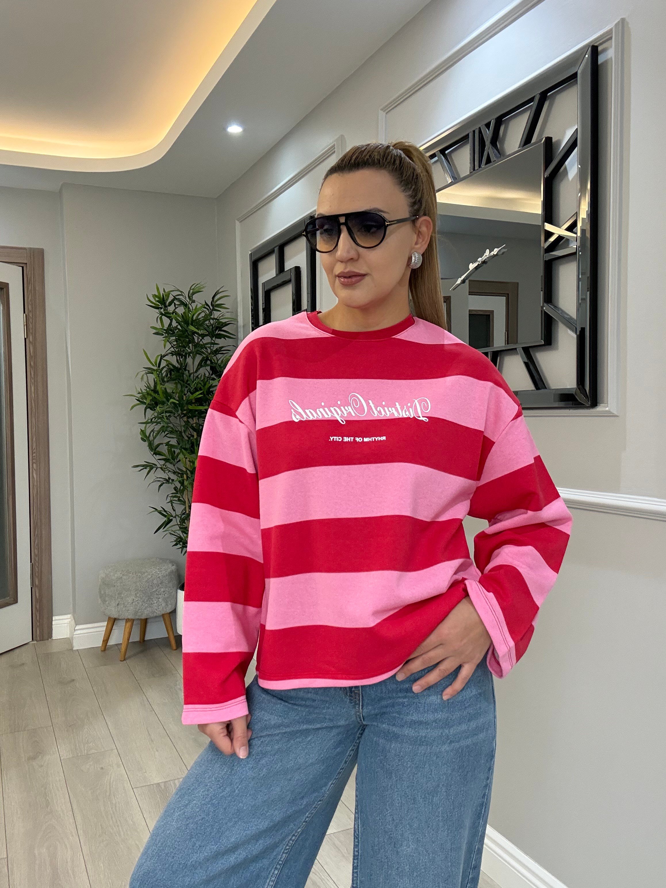 Viral , baskılı kırmızı pembe çizgili bluz