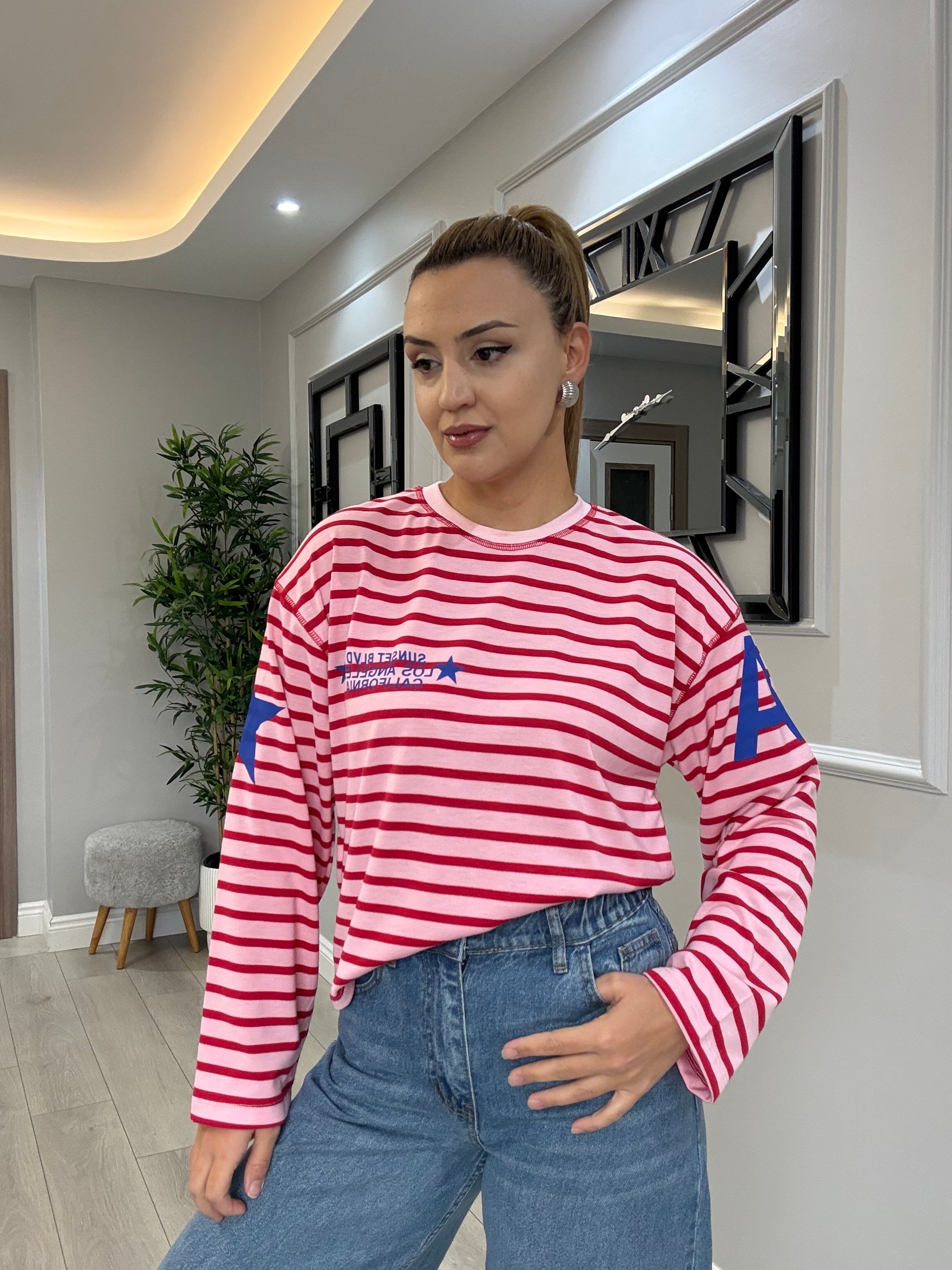 Yıldız ve yazı baskılı kırmızı pembe çizgili bluz