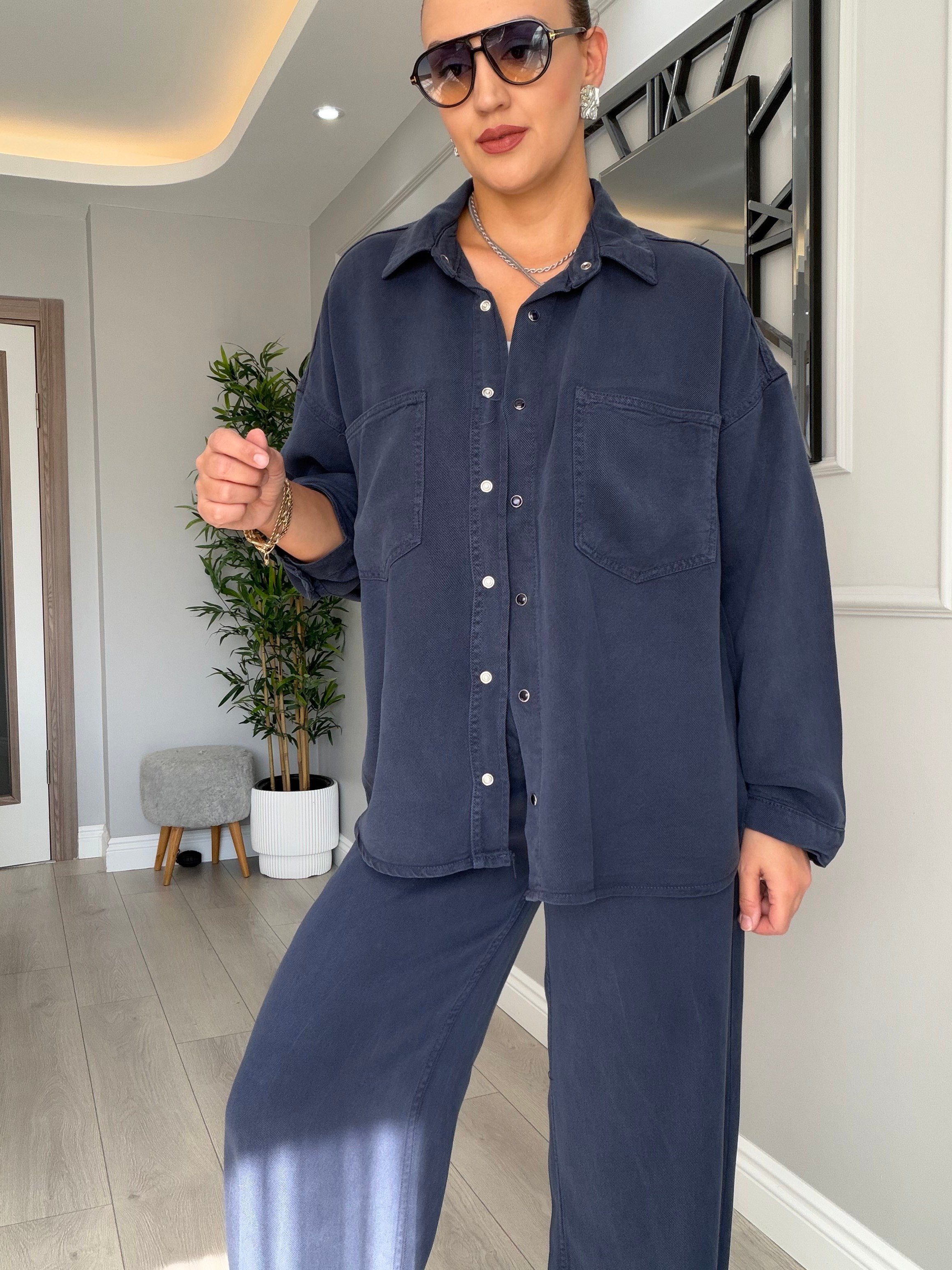 Yumuşacık dökümlü denim takım - lacivert