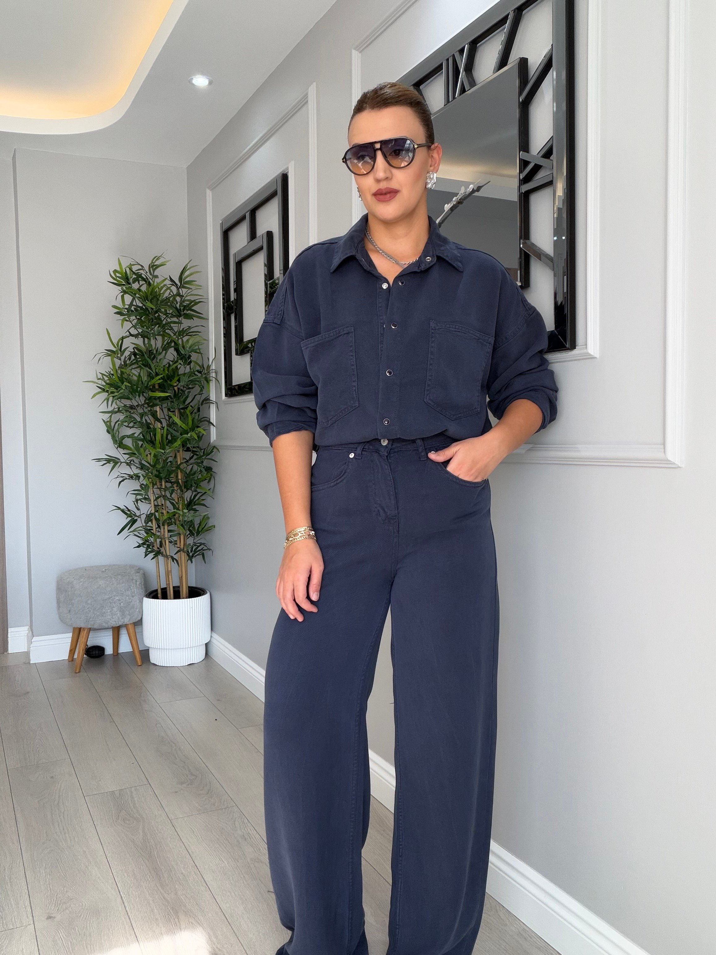 Yumuşacık dökümlü denim takım - lacivert