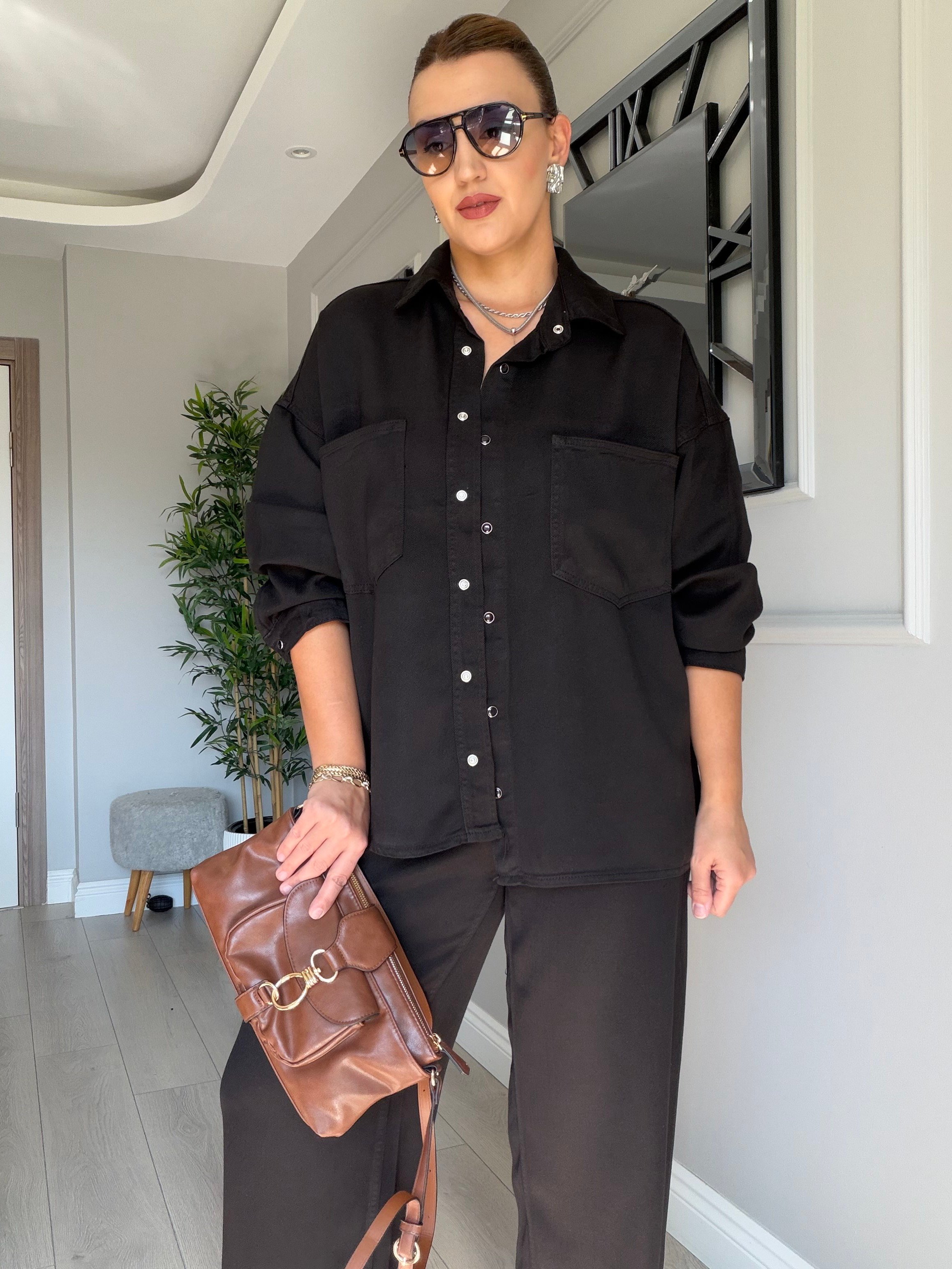 Yumuşacık dökümlü denim takım- siyah