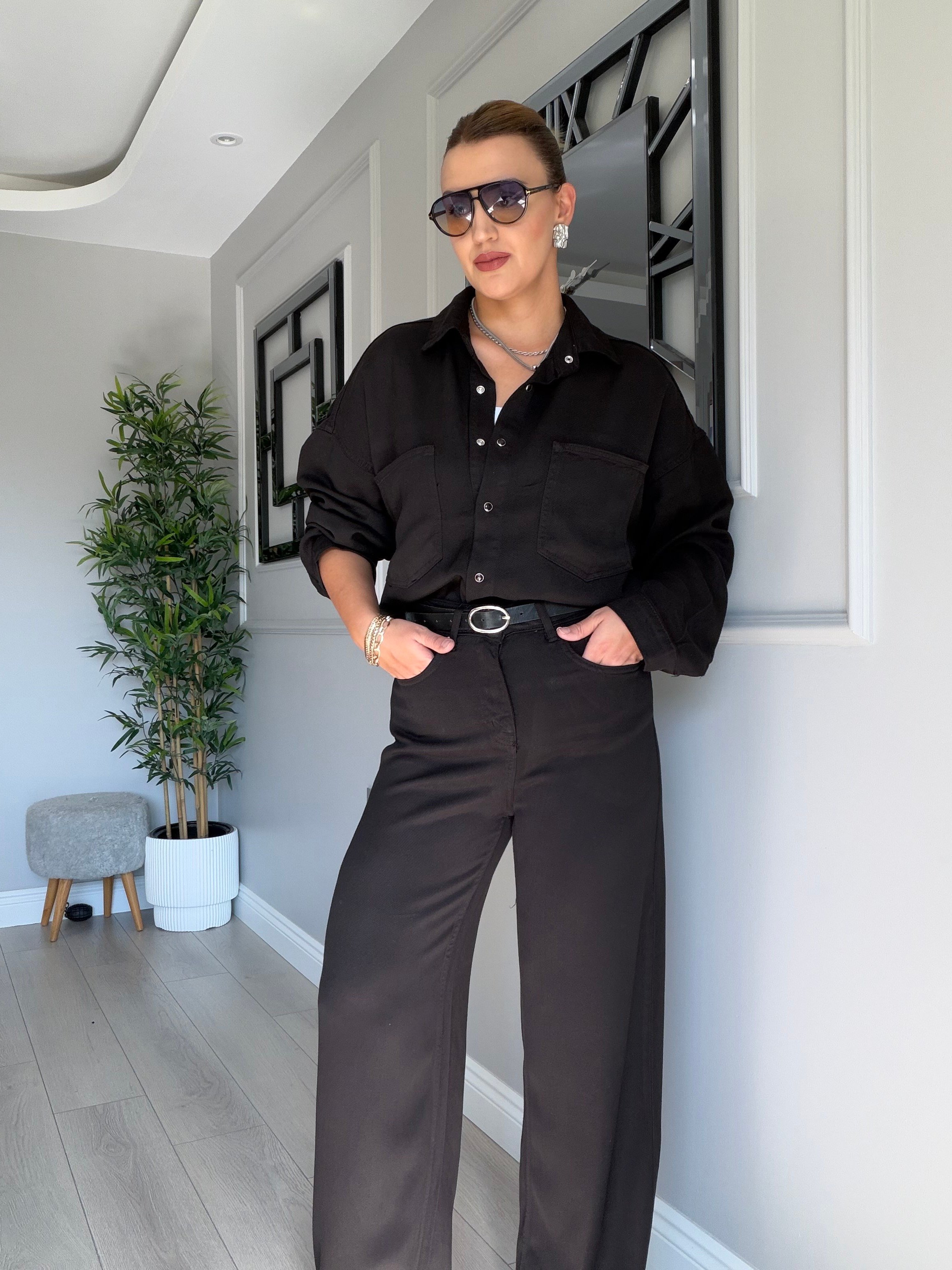 Yumuşacık dökümlü denim takım- siyah