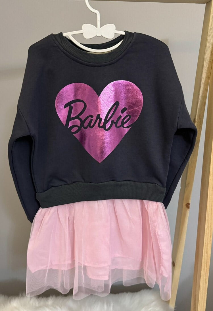 Barbie Baskılı Pembe Etek Detaylı Elbise