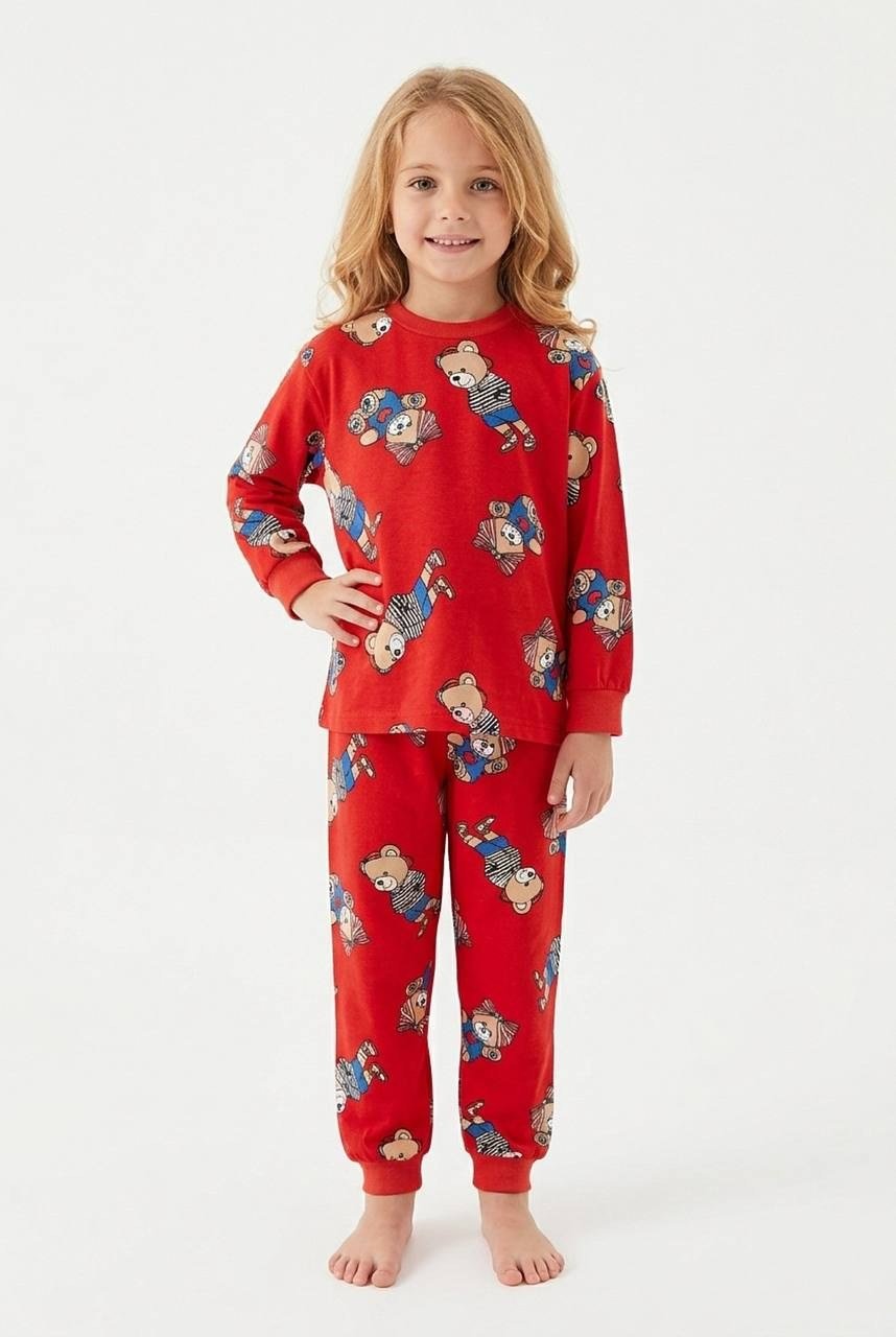 kırmızı ayıcık baskılı pijama takımı