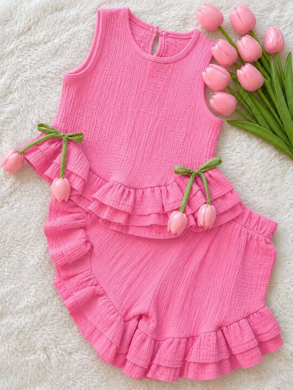 koyu pembe lale aplikeli kız takım