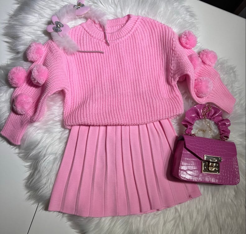 Pembe Pomponlu Triko Takım