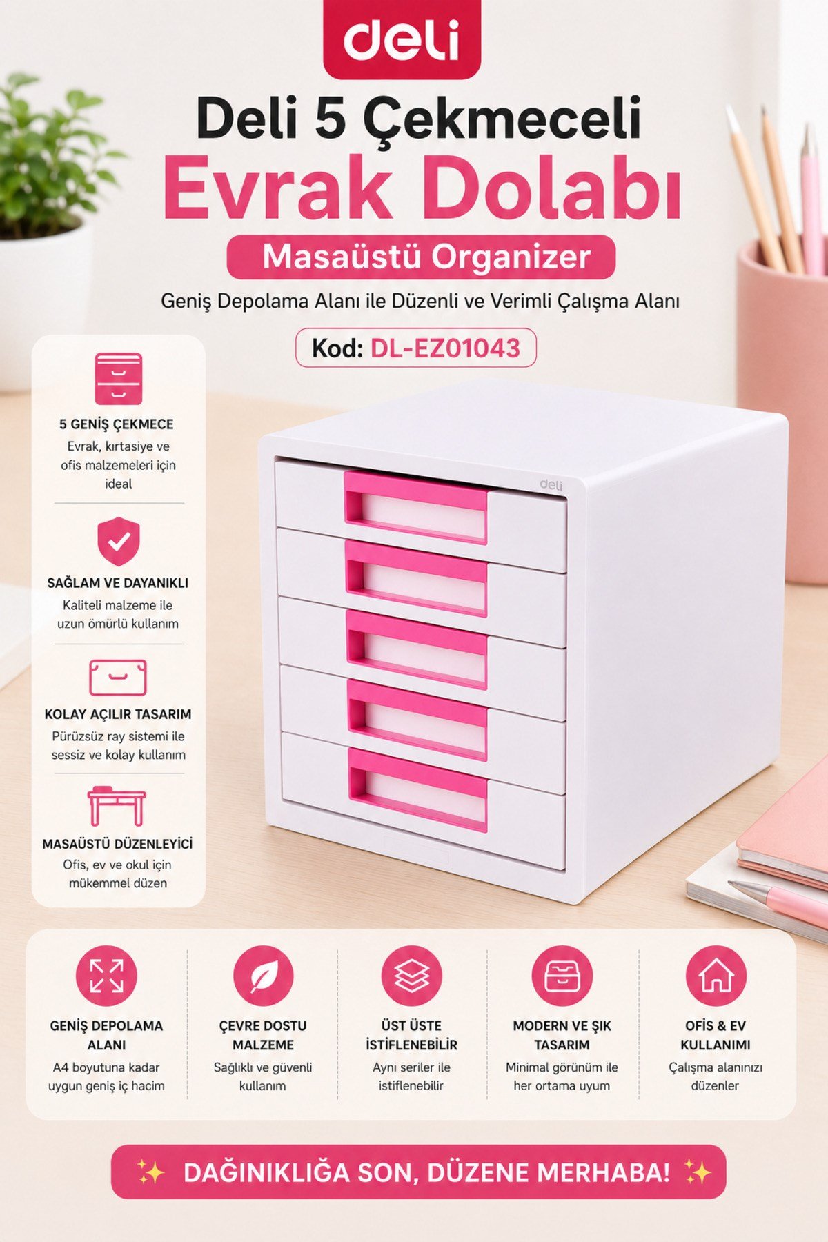 5 Çekmeceli Evrak Dolabı Pembe – Masaüstü Organizer, Geniş Depolama Alanı, Ofis ve Ev Düzenleyi