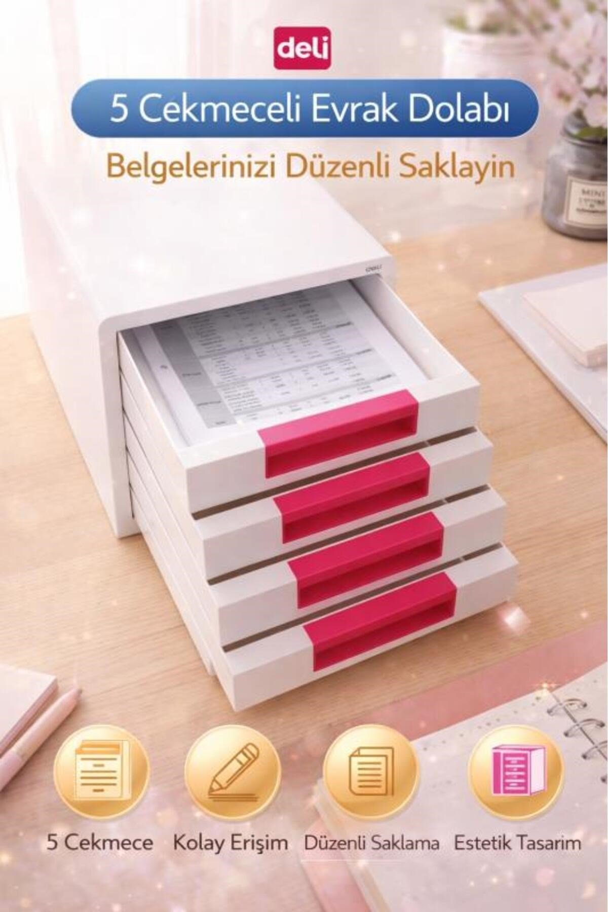 5 Çekmeceli Evrak Dolabı Pembe – Masaüstü Organizer, Geniş Depolama Alanı, Ofis ve Ev Düzenleyi