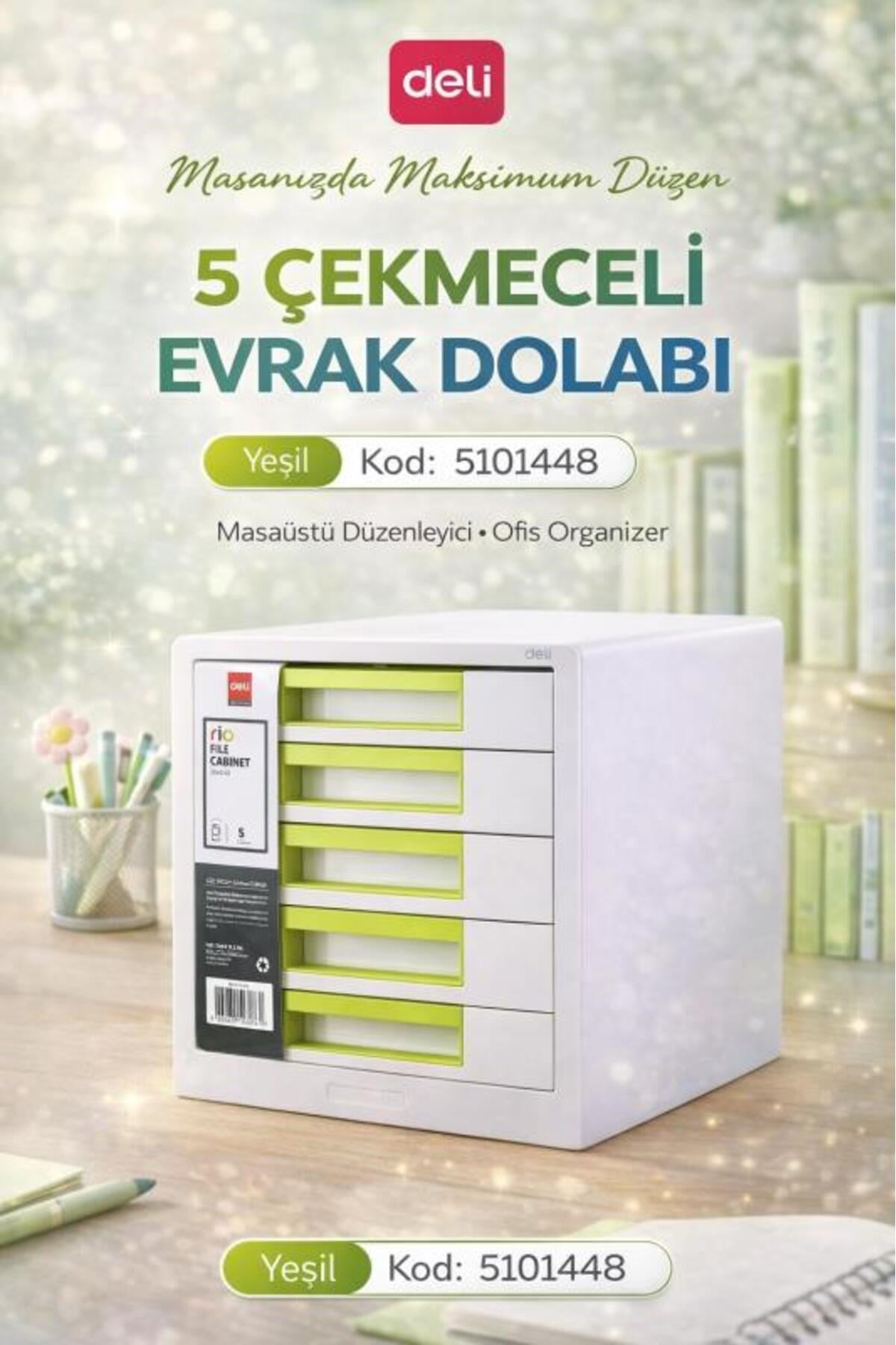 5 Çekmeceli Evrak Dolabı Yeşil – Masaüstü Organizer, Geniş Depolama Alanı, Ofis ve Ev Düzenleyi