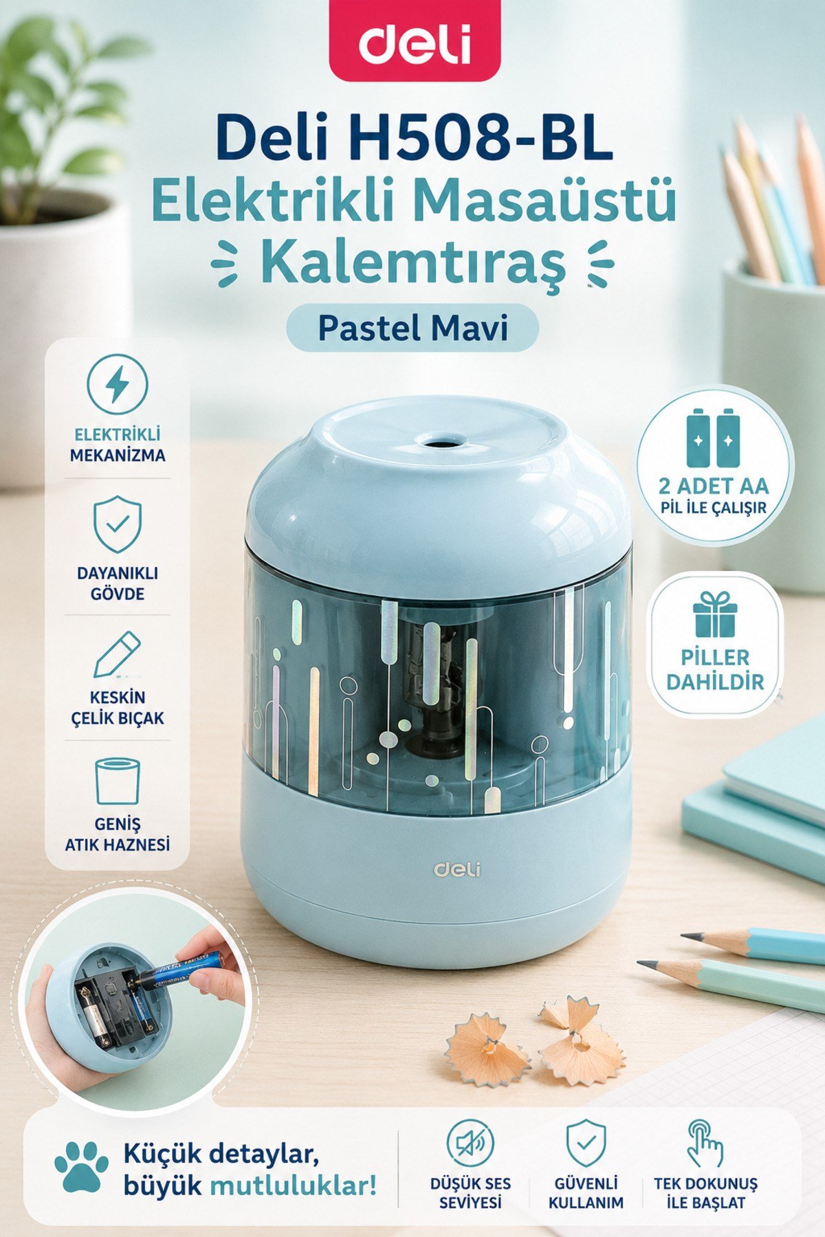 Deli Elektrikli Masa Üstü Pastel Mavi Kalemtraş H508-BL