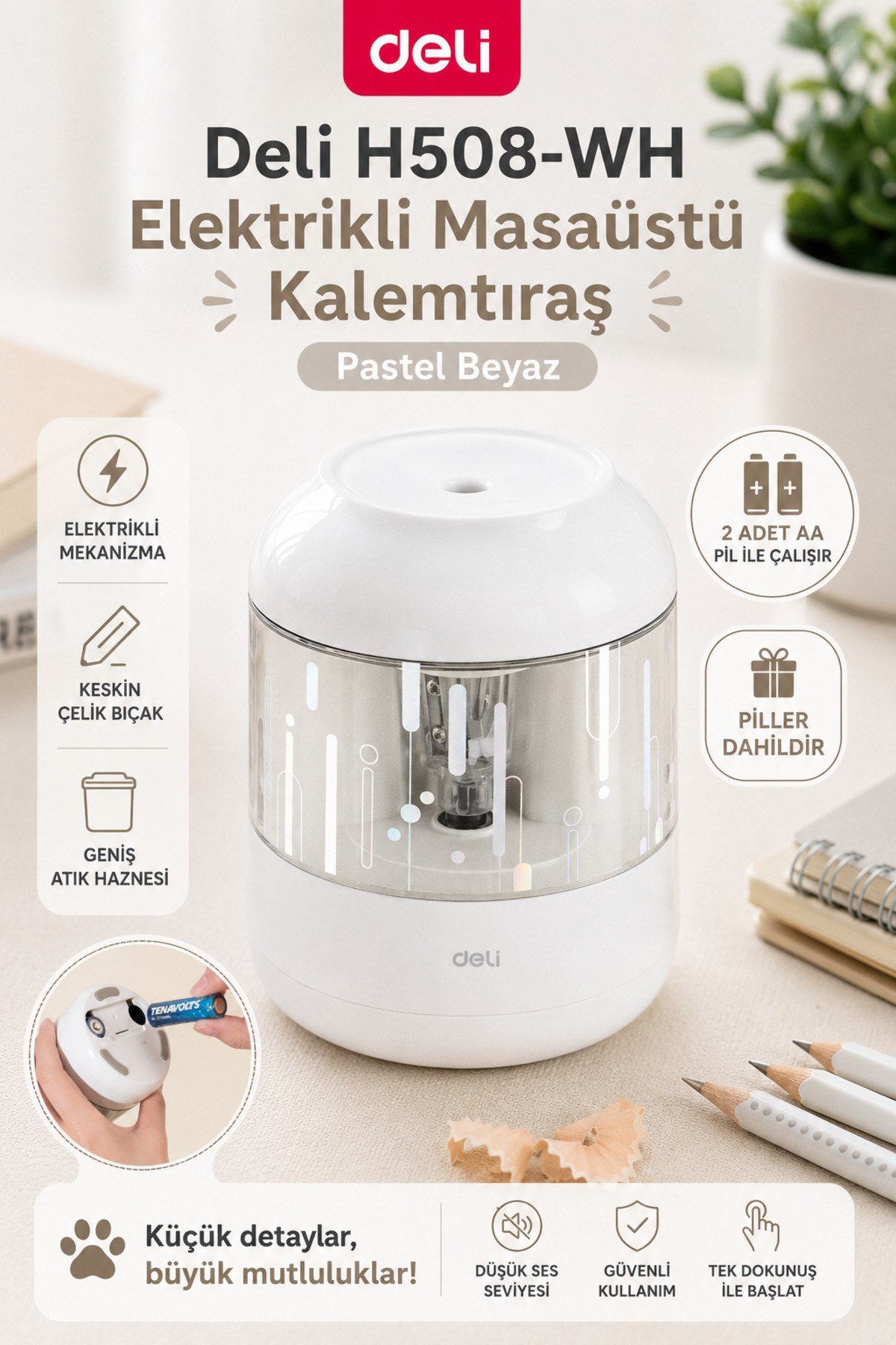 Elektrikli Masa Üstü Beyaz Kalemtraş H508-WH
