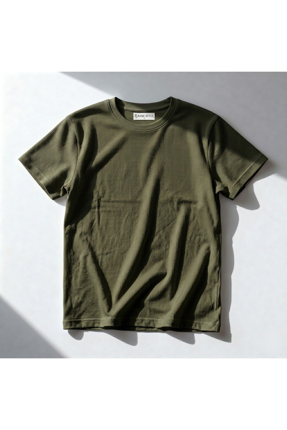 Basic Style Unisex Haki Waffle Kumaş Basic Tişört T-Shirt