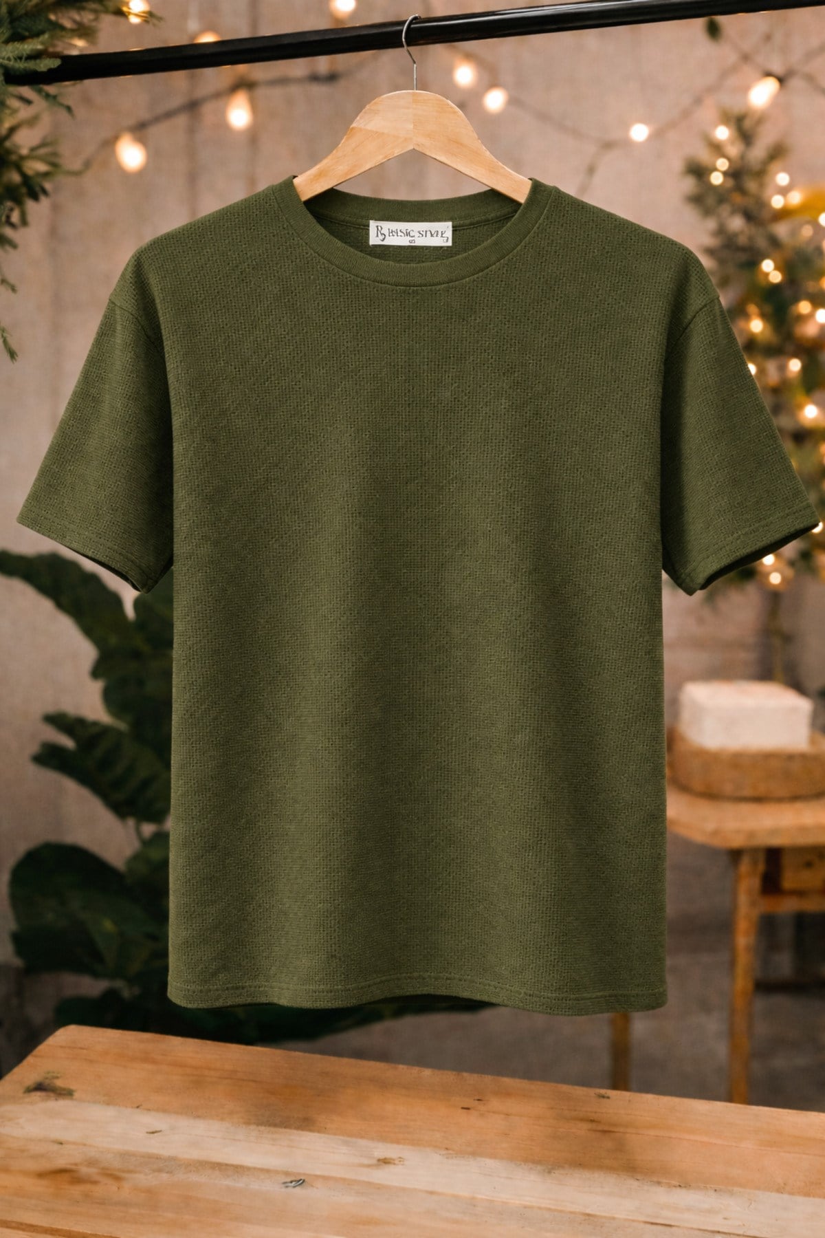 Basic Style Unisex Haki Waffle Kumaş Basic Tişört T-Shirt