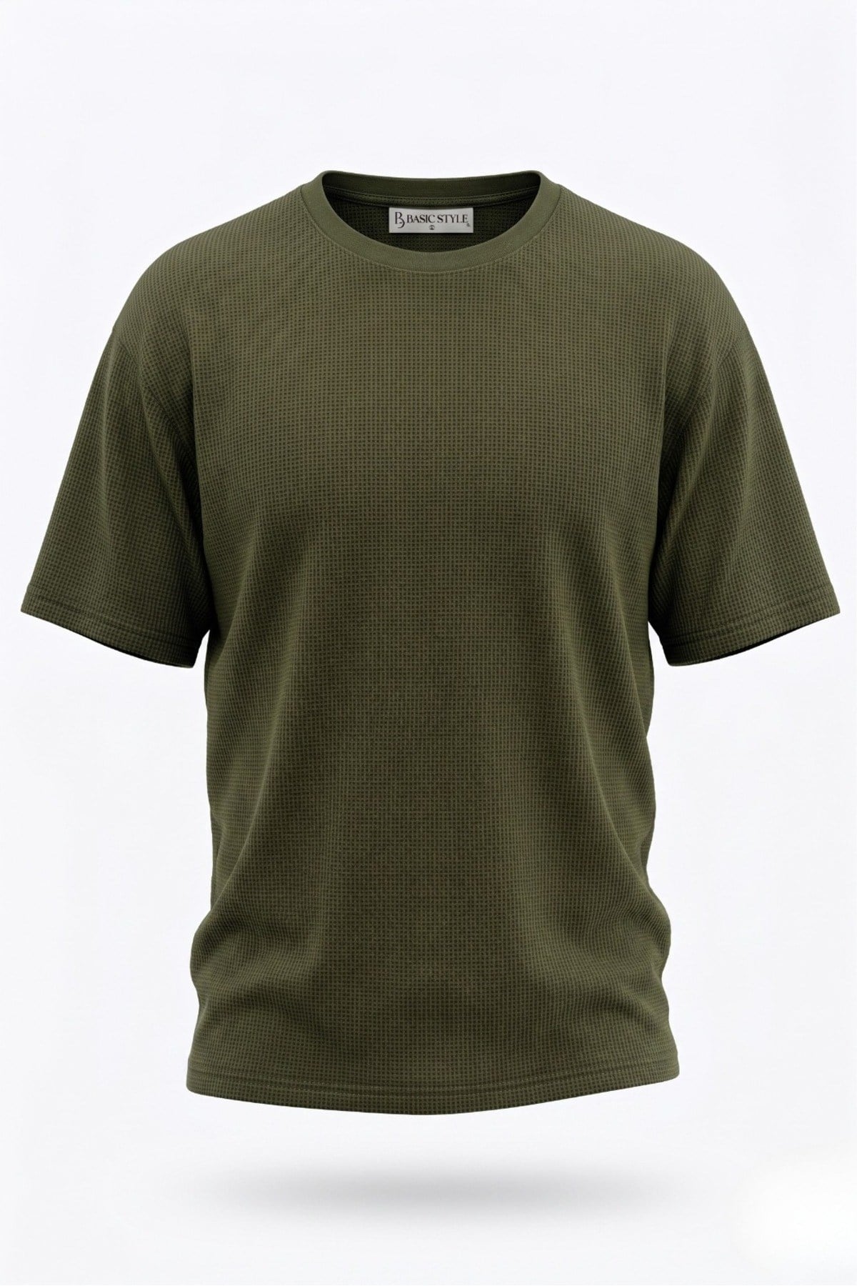 Basic Style Unisex Haki Waffle Kumaş Basic Tişört T-Shirt