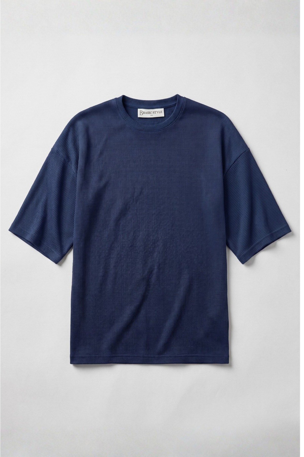 Basic Style Unisex Lacivert Waffle Kumaş Basic Tişört T-Shirt