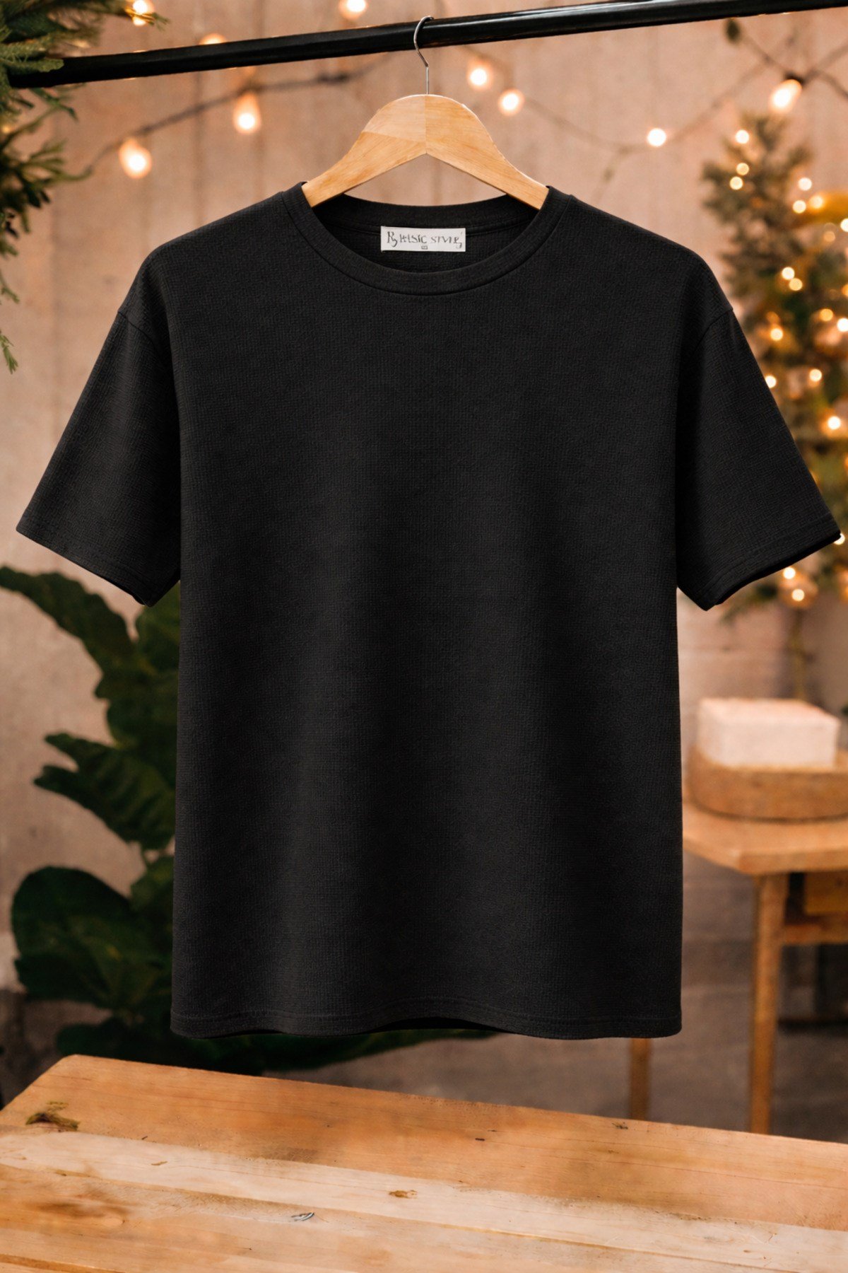 Basic Style Unisex Siyah Waffle Kumaş Basic Tişört T-Shirt