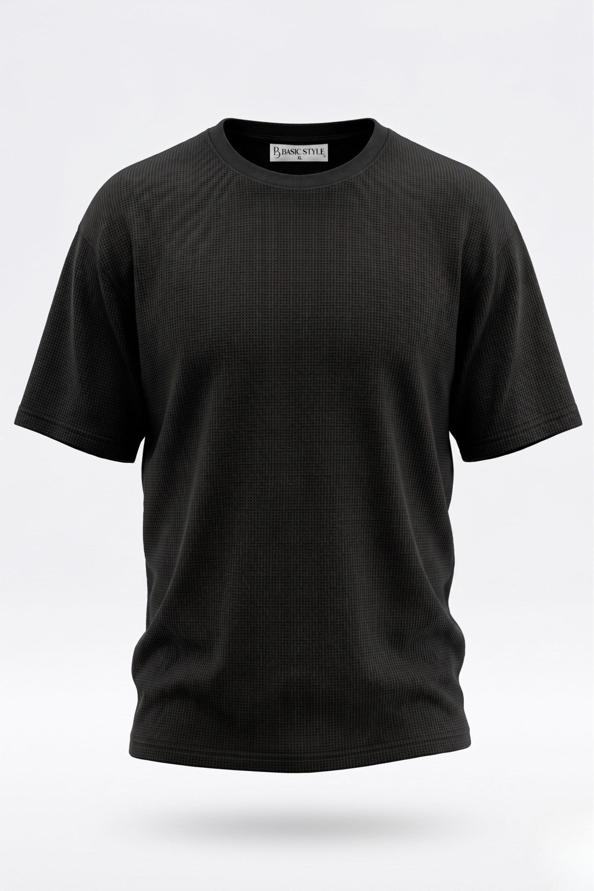 Basic Style Unisex Siyah Waffle Kumaş Basic Tişört T-Shirt