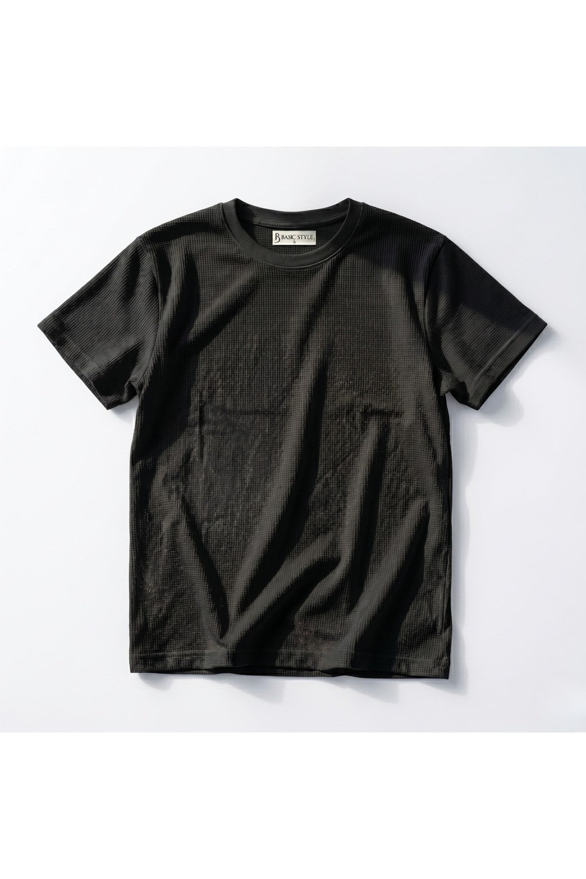 Basic Style Unisex Siyah Waffle Kumaş Basic Tişört T-Shirt