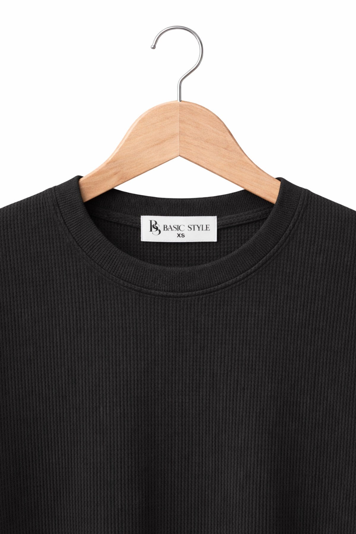Basic Style Unisex Siyah Waffle Kumaş Basic Tişört T-Shirt