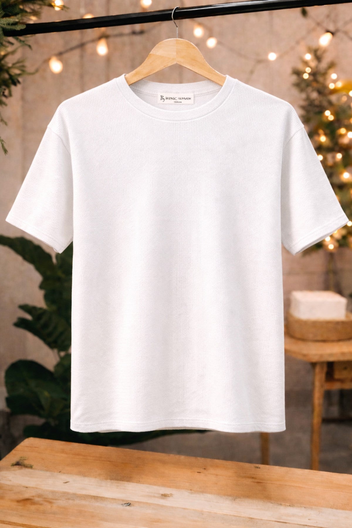 Unisex Beyaz Waffle Kumaş Basic Tişört T-shirt